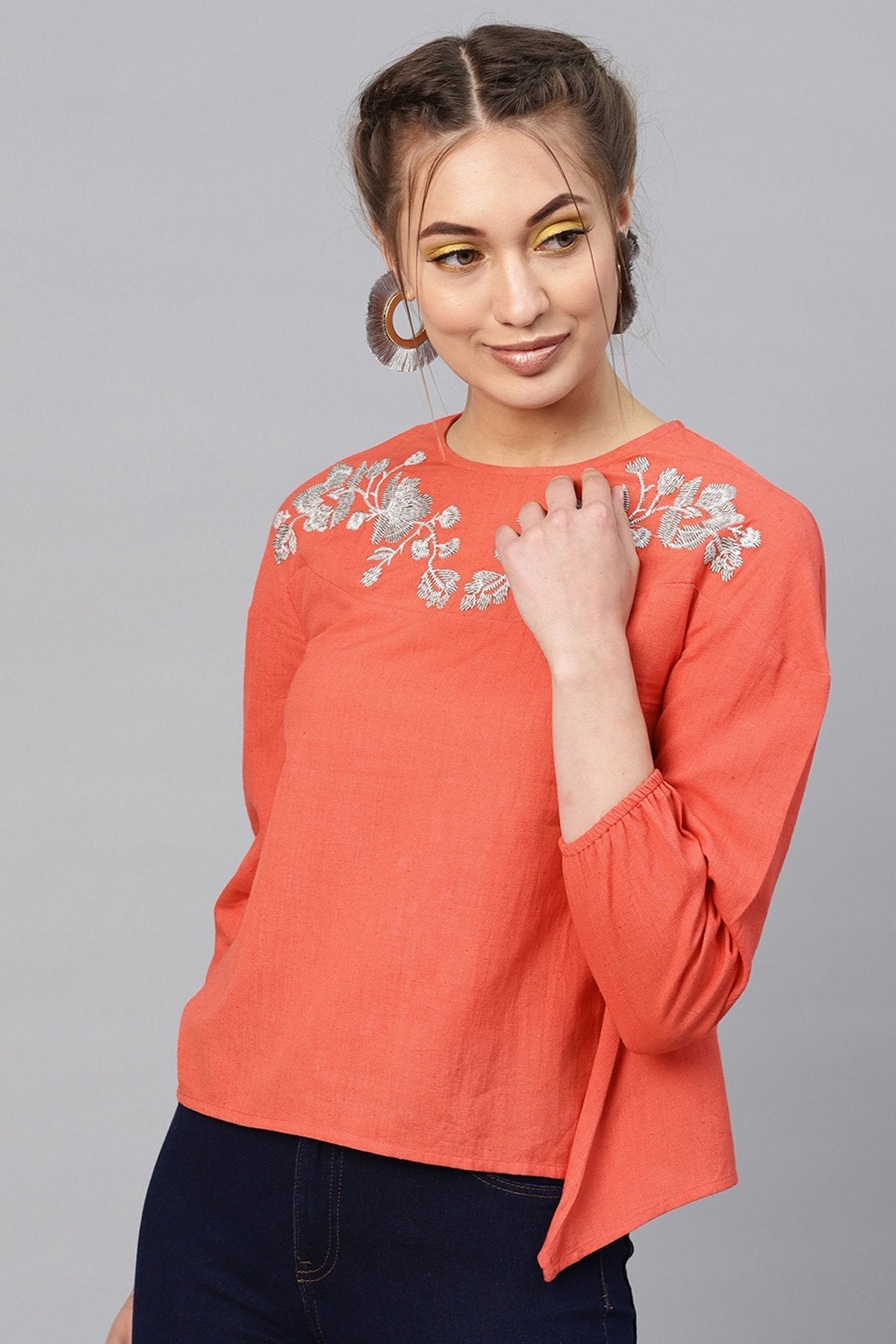 Women's Coral Neck Embroidered Top - SASSAFRAS