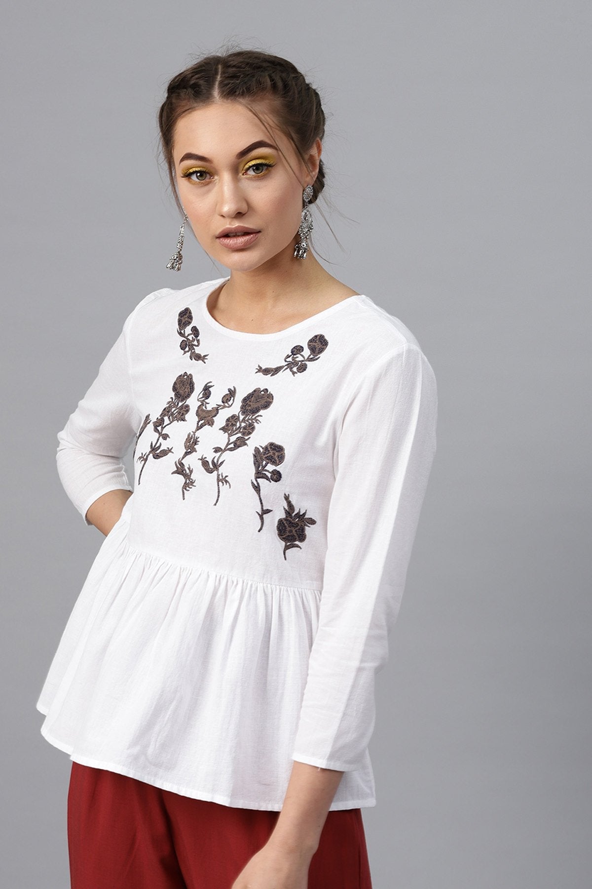 Women's White Frill Hem Embroidered Top - SASSAFRAS