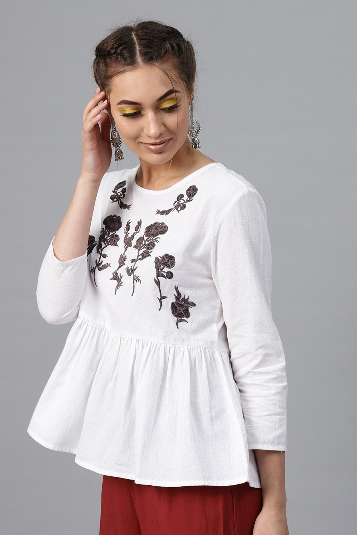 Women's White Frill Hem Embroidered Top - SASSAFRAS