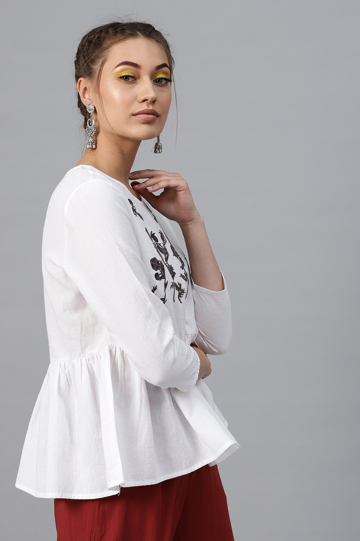 Women's White Frill Hem Embroidered Top - SASSAFRAS