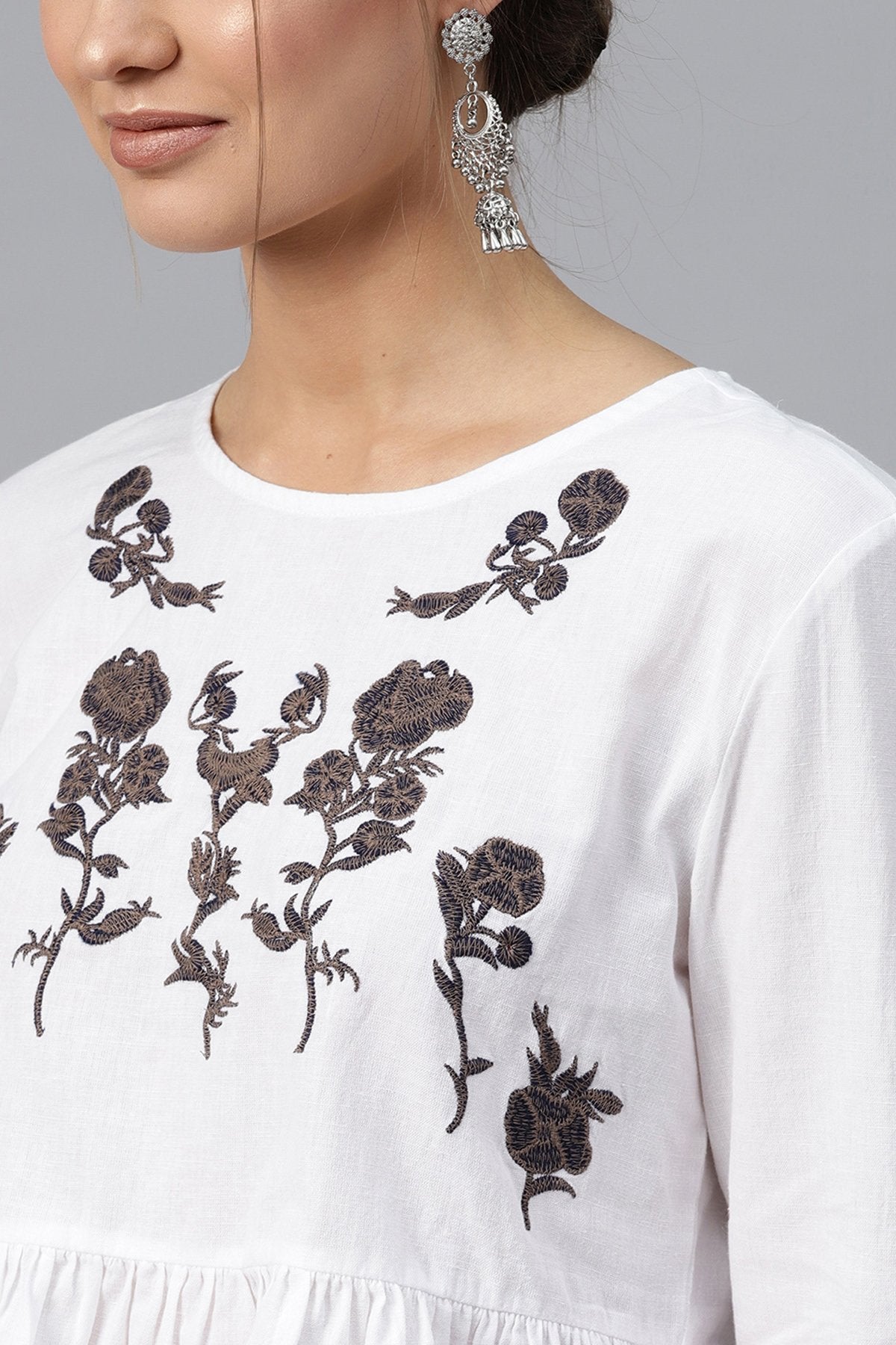 Women's White Frill Hem Embroidered Top - SASSAFRAS