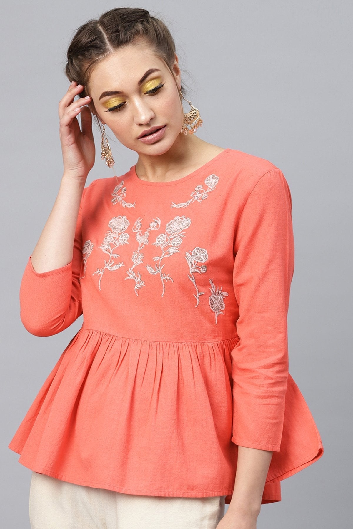 Women's Coral Frill Hem Embroidered Top - SASSAFRAS