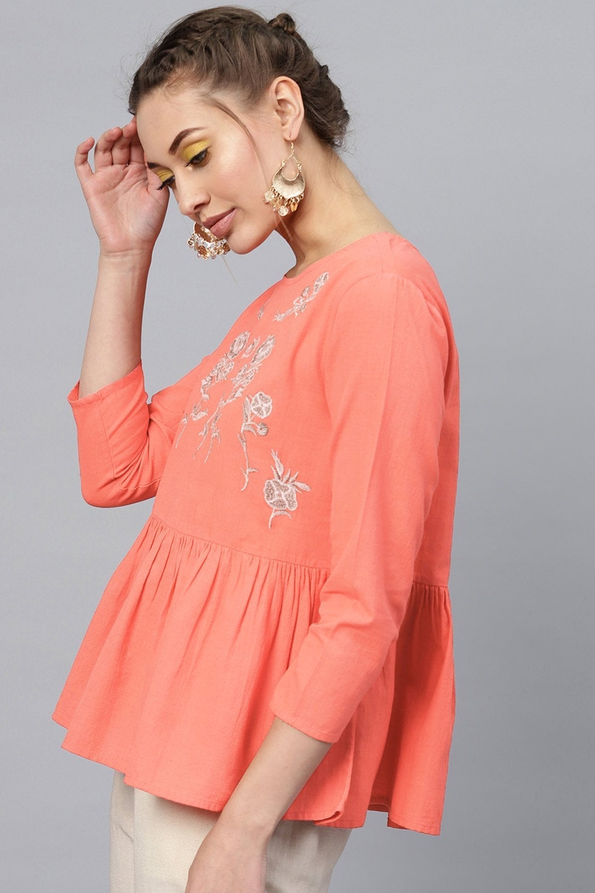 Women's Coral Frill Hem Embroidered Top - SASSAFRAS