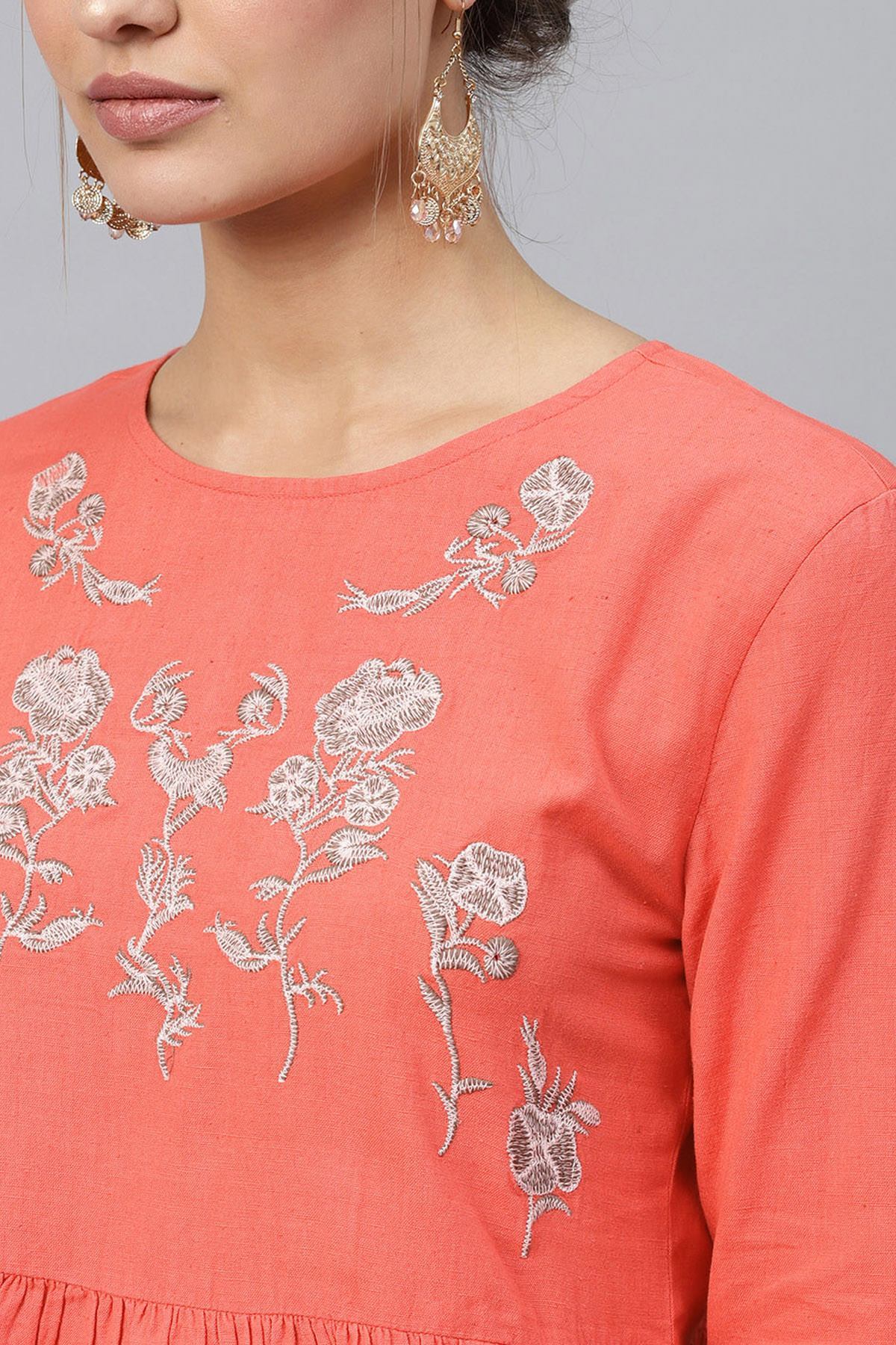 Women's Coral Frill Hem Embroidered Top - SASSAFRAS