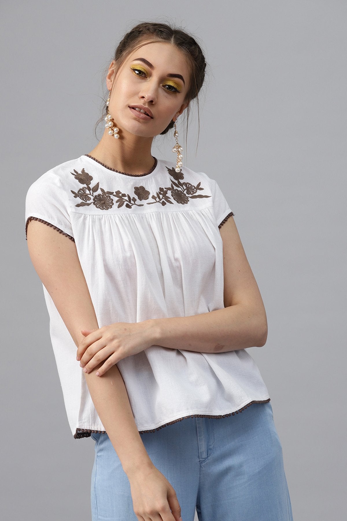 Women's White Yoke Embroidered Top - SASSAFRAS