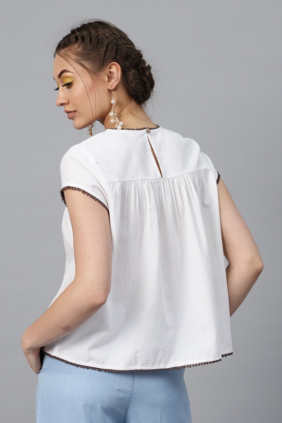 Women's White Yoke Embroidered Top - SASSAFRAS