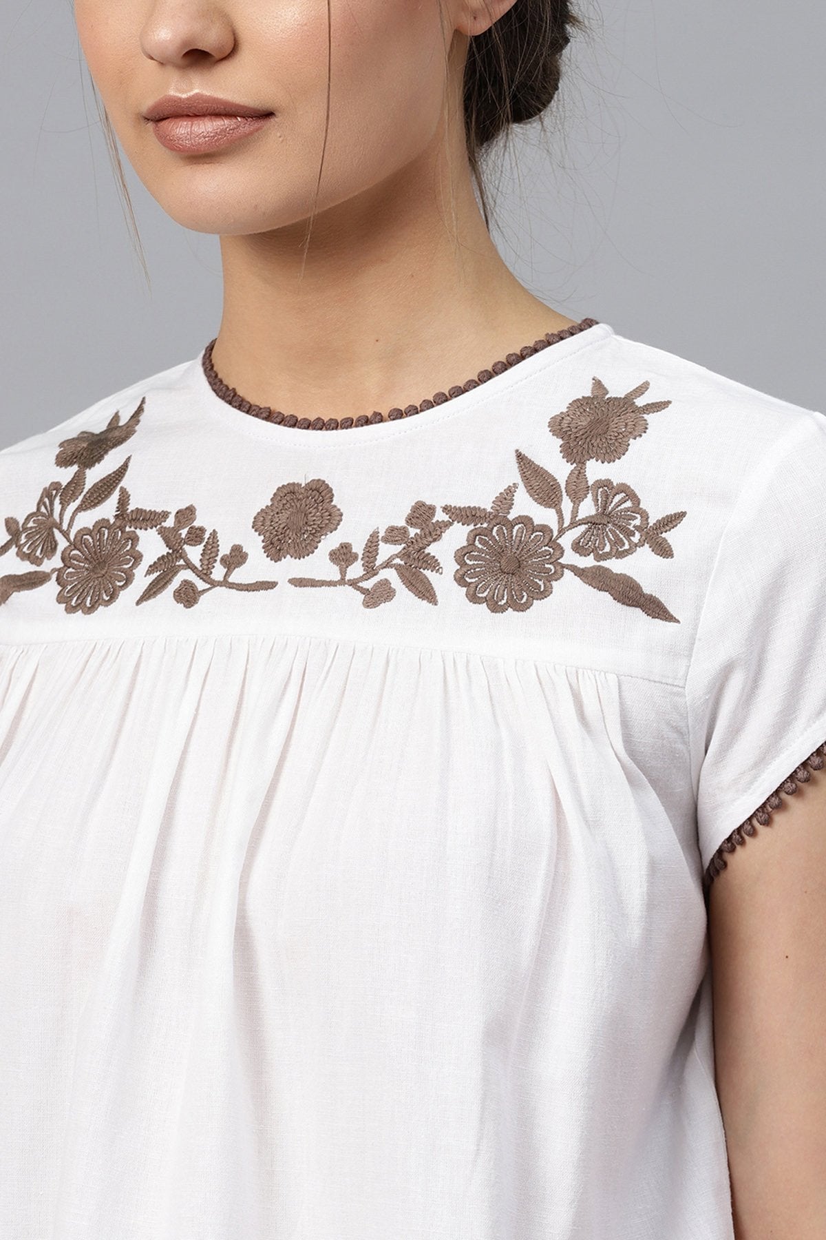 Women's White Yoke Embroidered Top - SASSAFRAS