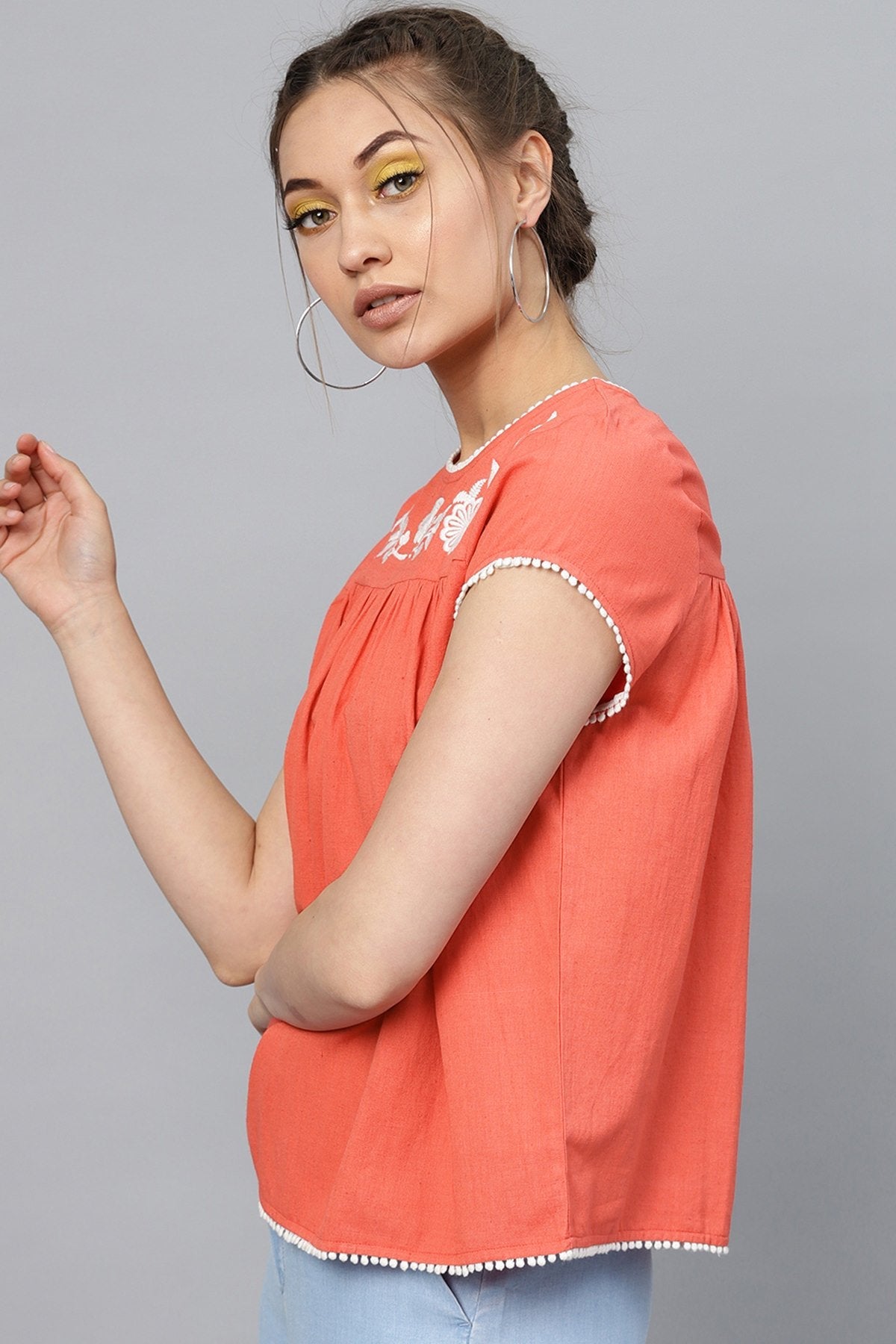 Women's Coral Yoke Embroidered Top - SASSAFRAS