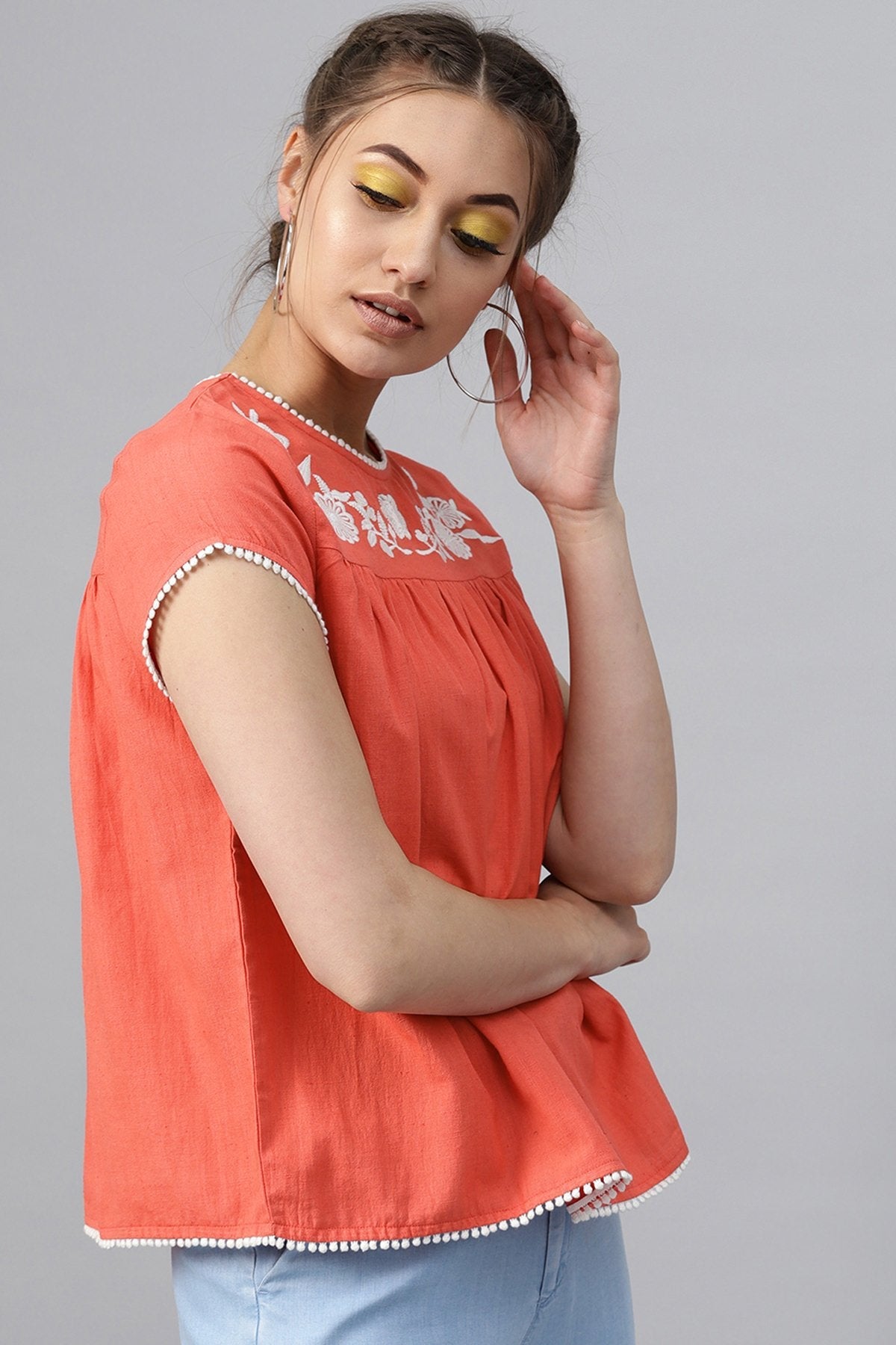 Women's Coral Yoke Embroidered Top - SASSAFRAS