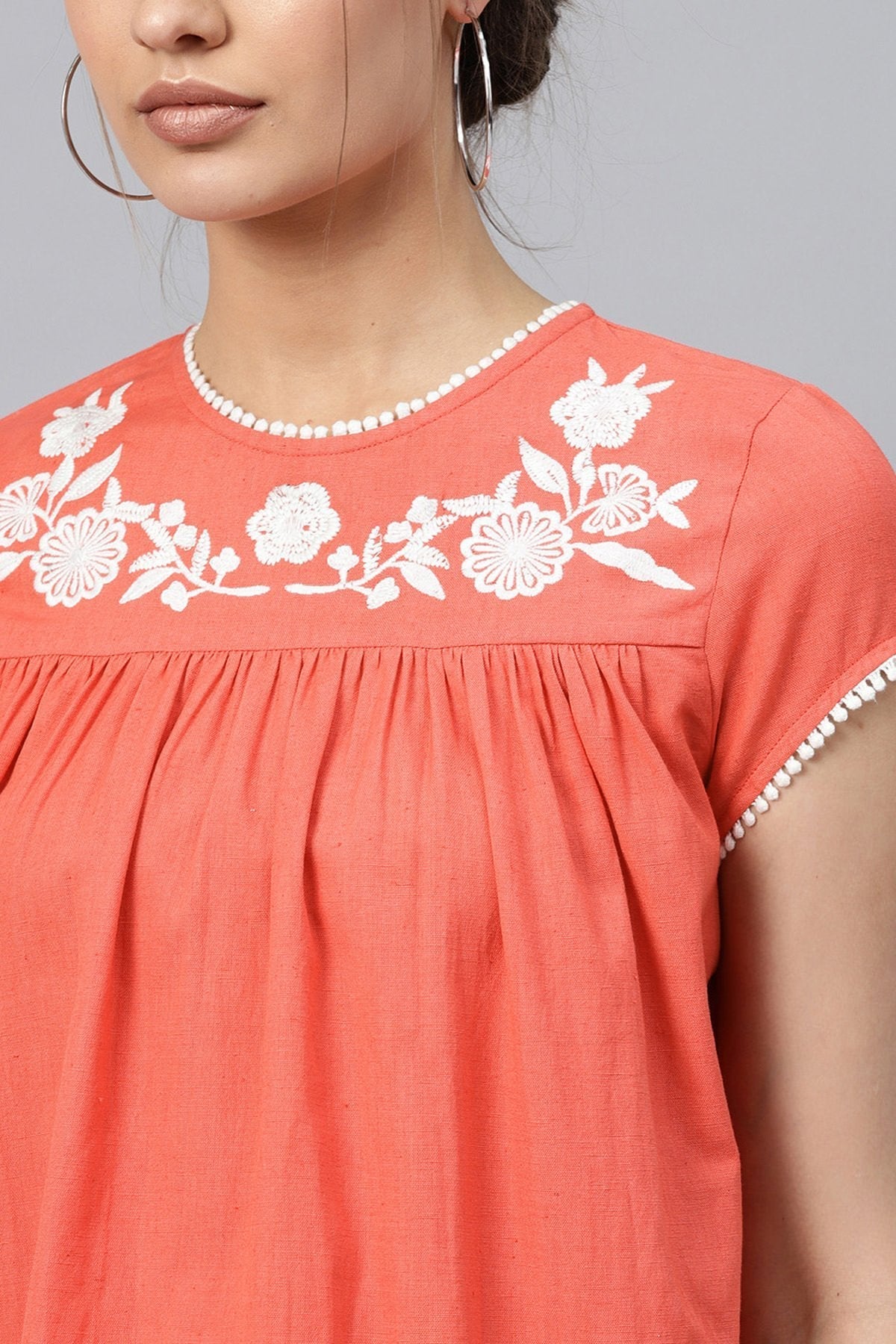 Women's Coral Yoke Embroidered Top - SASSAFRAS