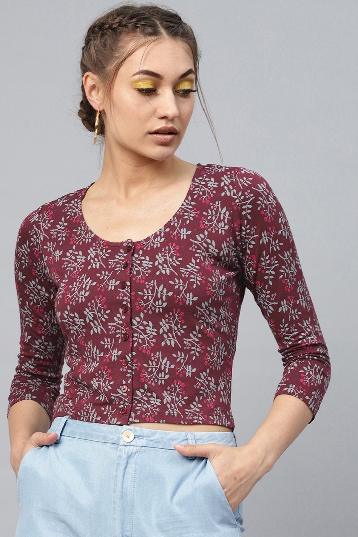 Women's Maroon Floral Front Button Crop Top - SASSAFRAS