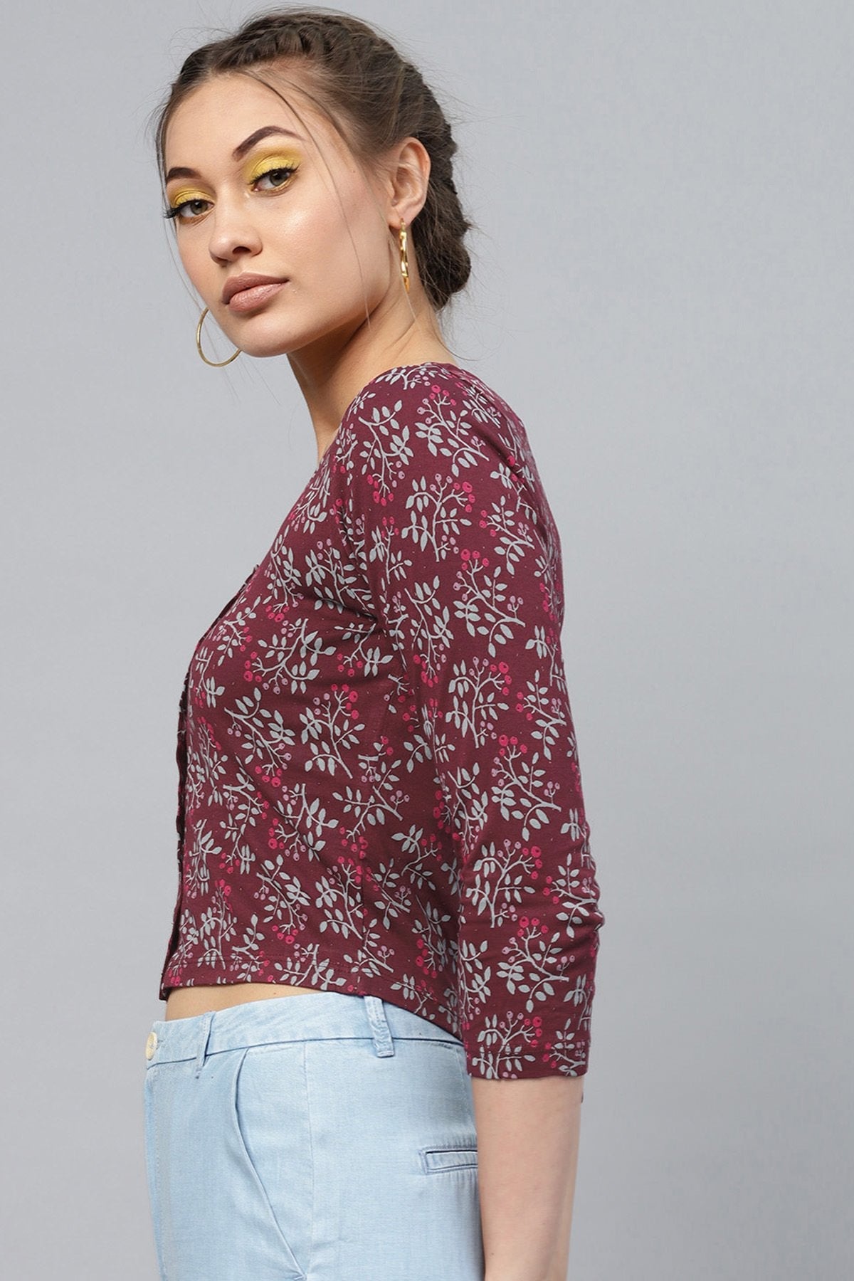 Women's Maroon Floral Front Button Crop Top - SASSAFRAS