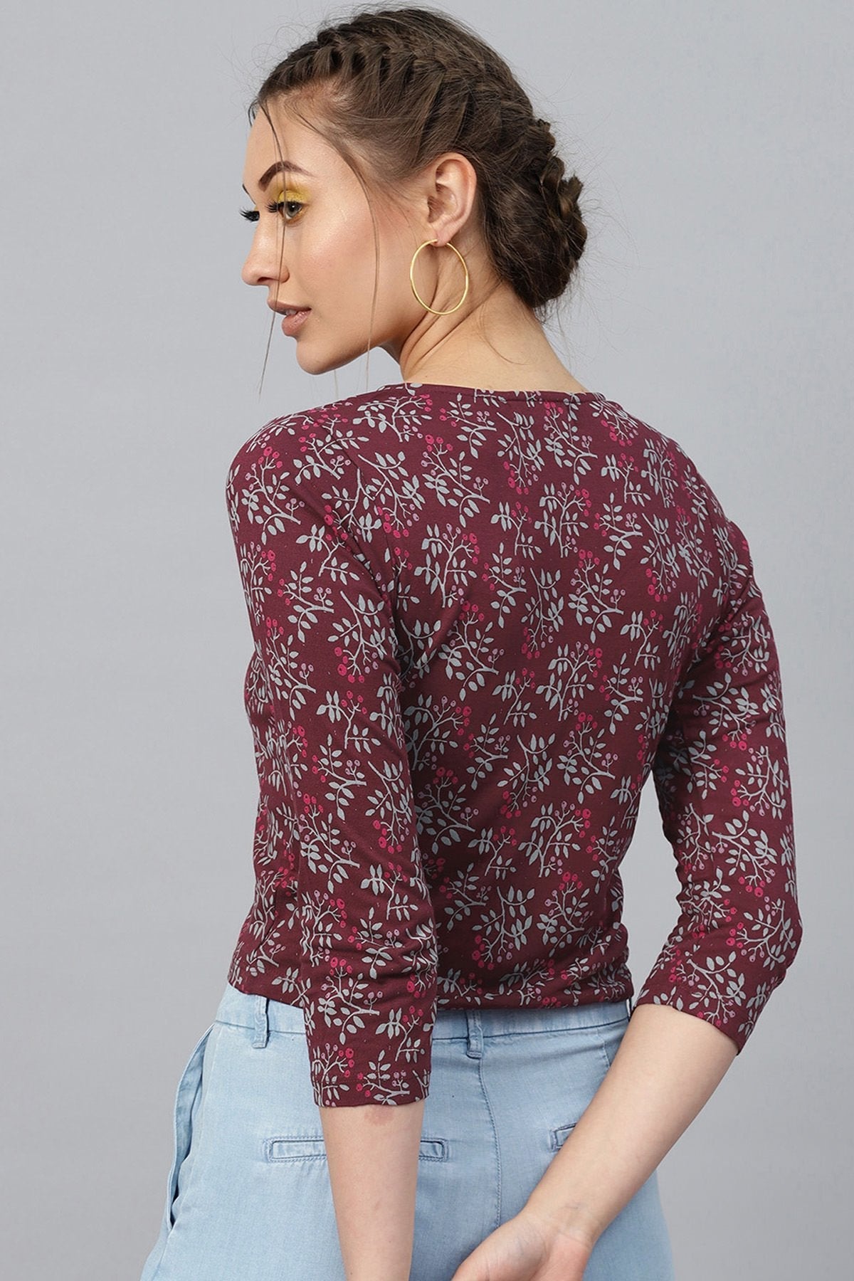 Women's Maroon Floral Front Button Crop Top - SASSAFRAS