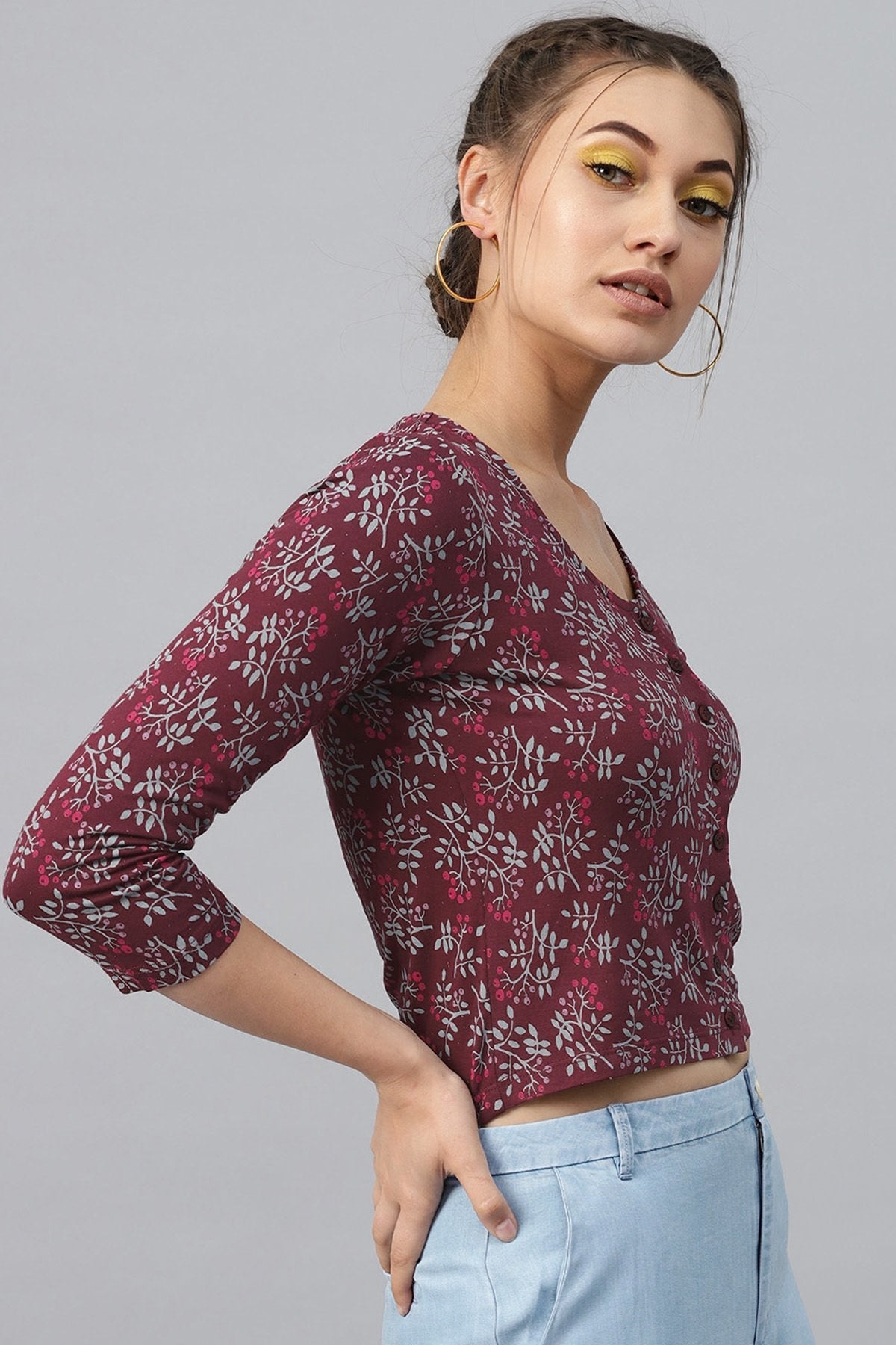 Women's Maroon Floral Front Button Crop Top - SASSAFRAS