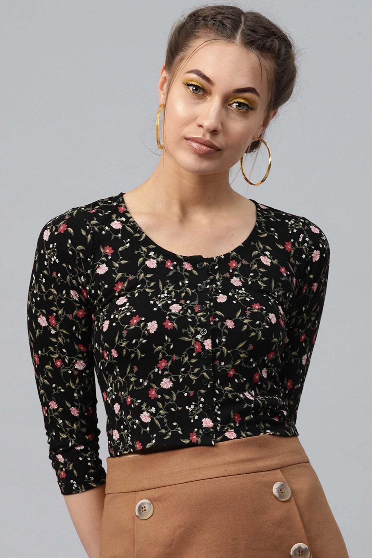 Women's Black Floral Front Button Crop Top - SASSAFRAS