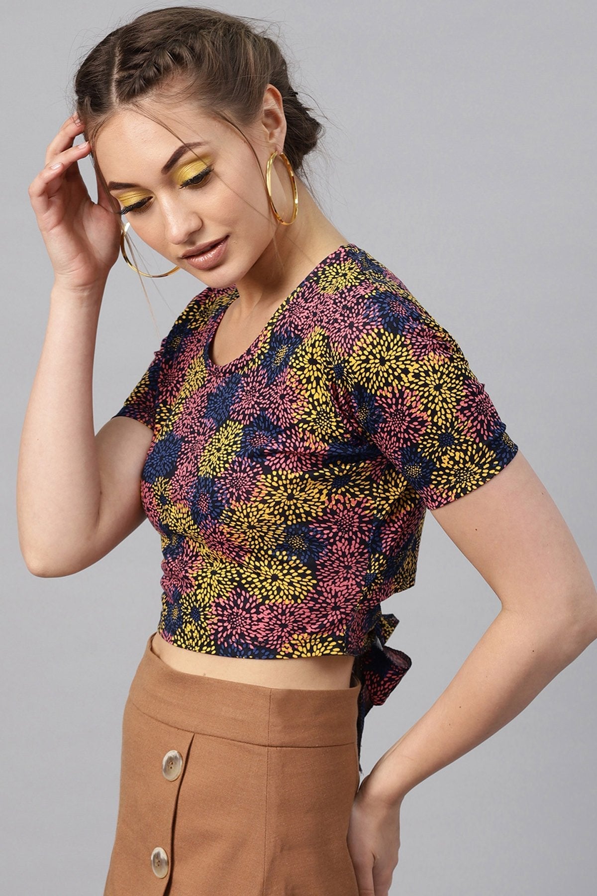 Women's Multi Floral Back Knot Crop Top - SASSAFRAS