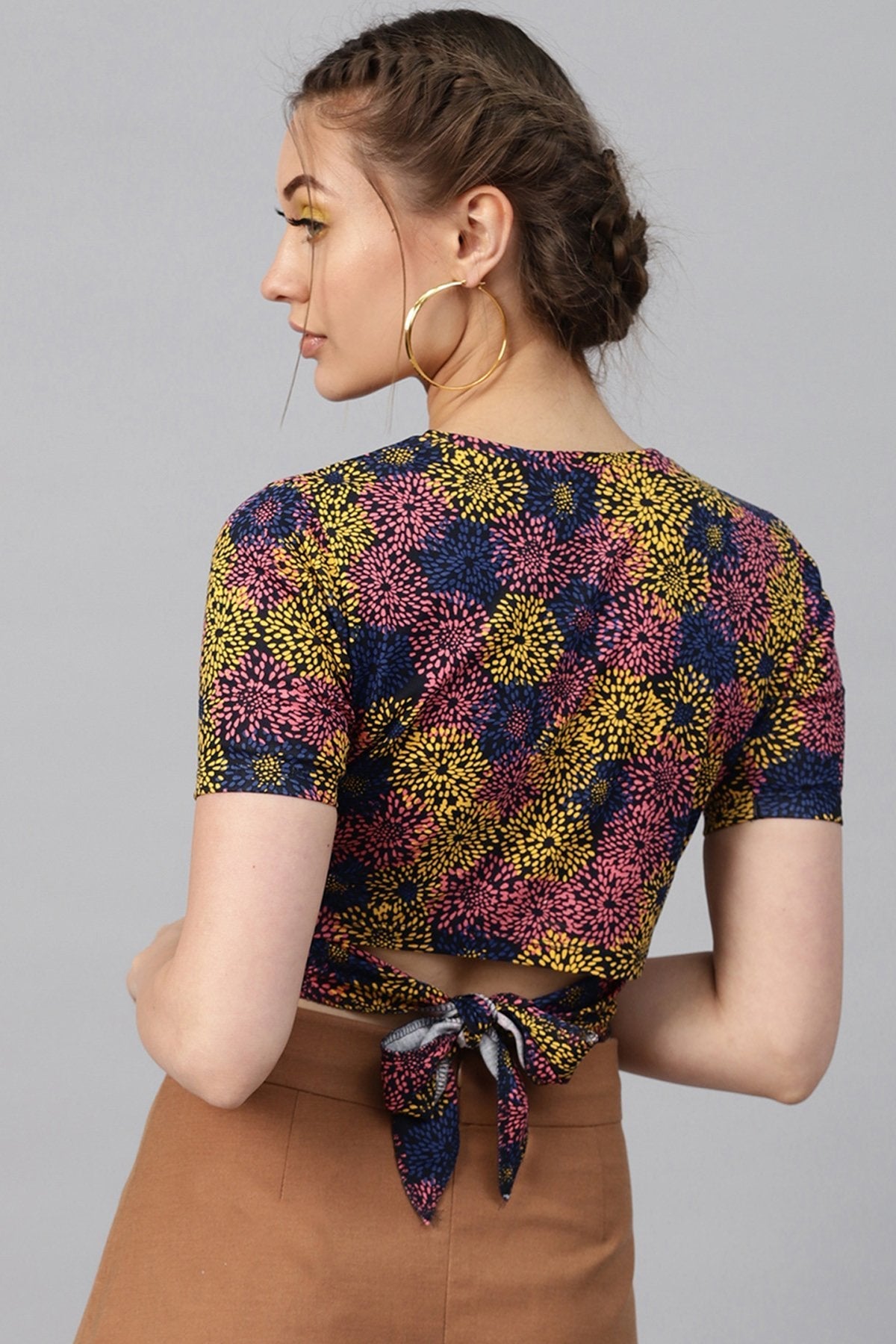 Women's Multi Floral Back Knot Crop Top - SASSAFRAS