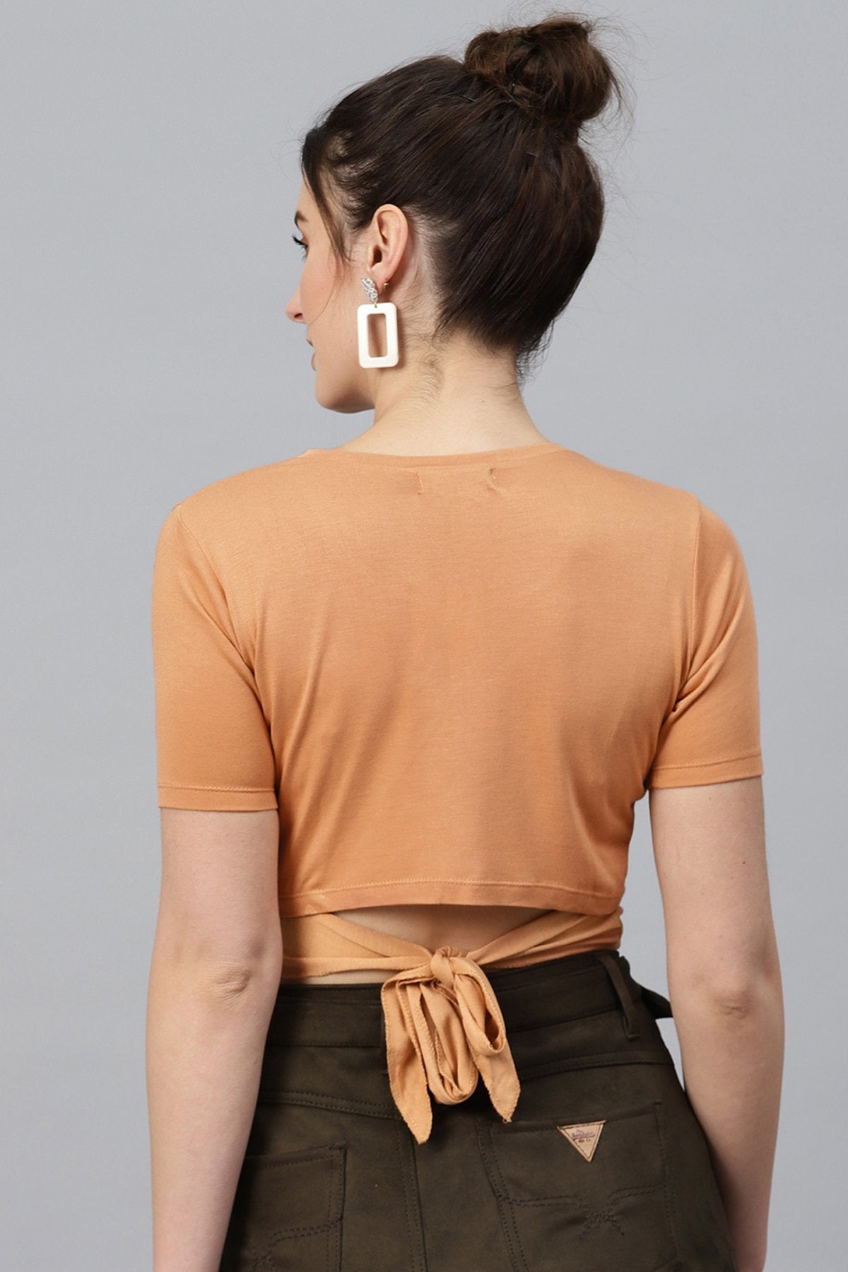 Women's Brown Back Knot Crop Top - SASSAFRAS