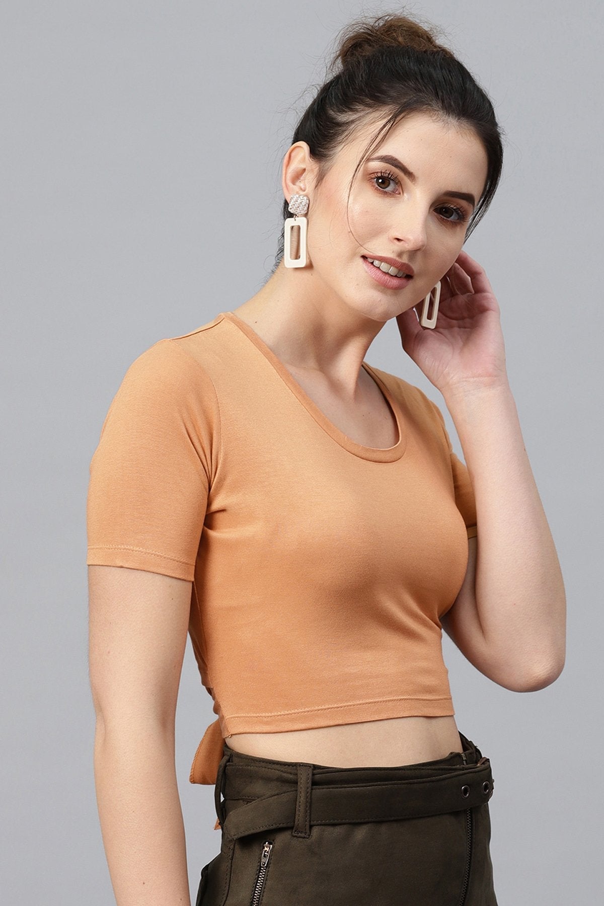 Women's Brown Back Knot Crop Top - SASSAFRAS