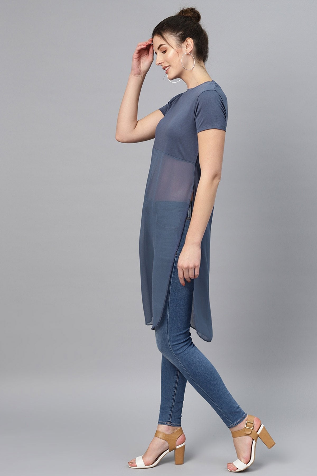 Women's Indigo Side Slit Longline Top - SASSAFRAS