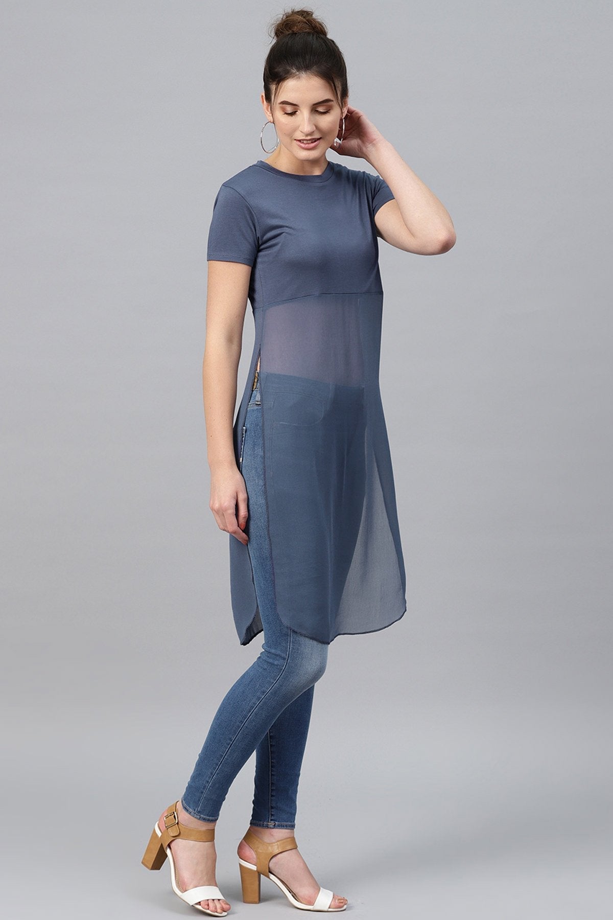 Women's Indigo Side Slit Longline Top - SASSAFRAS