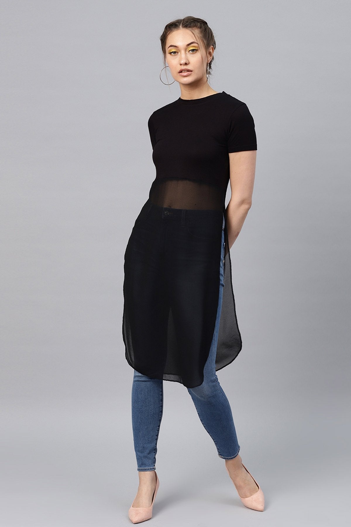 Women's Black Side Slit Longline Top