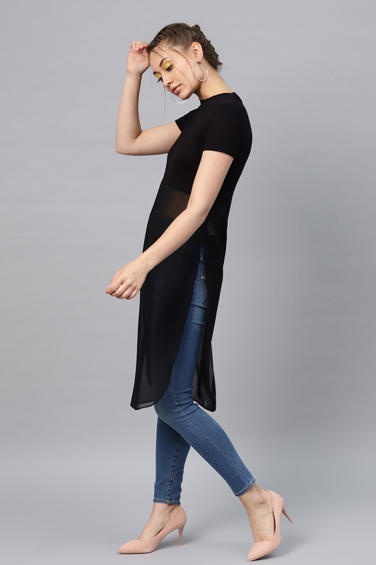 Women's Black Side Slit Longline Top