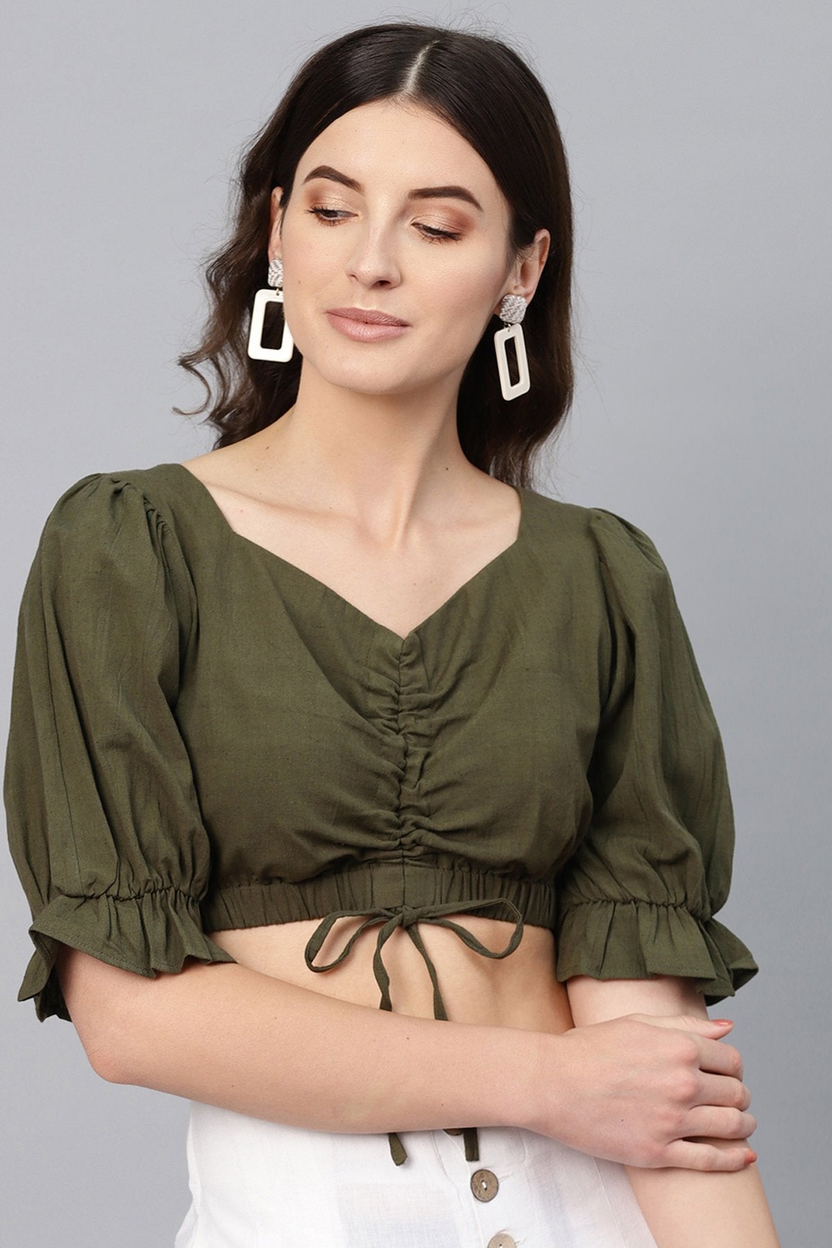 Women's Olive Rouched Crop Top - SASSAFRAS