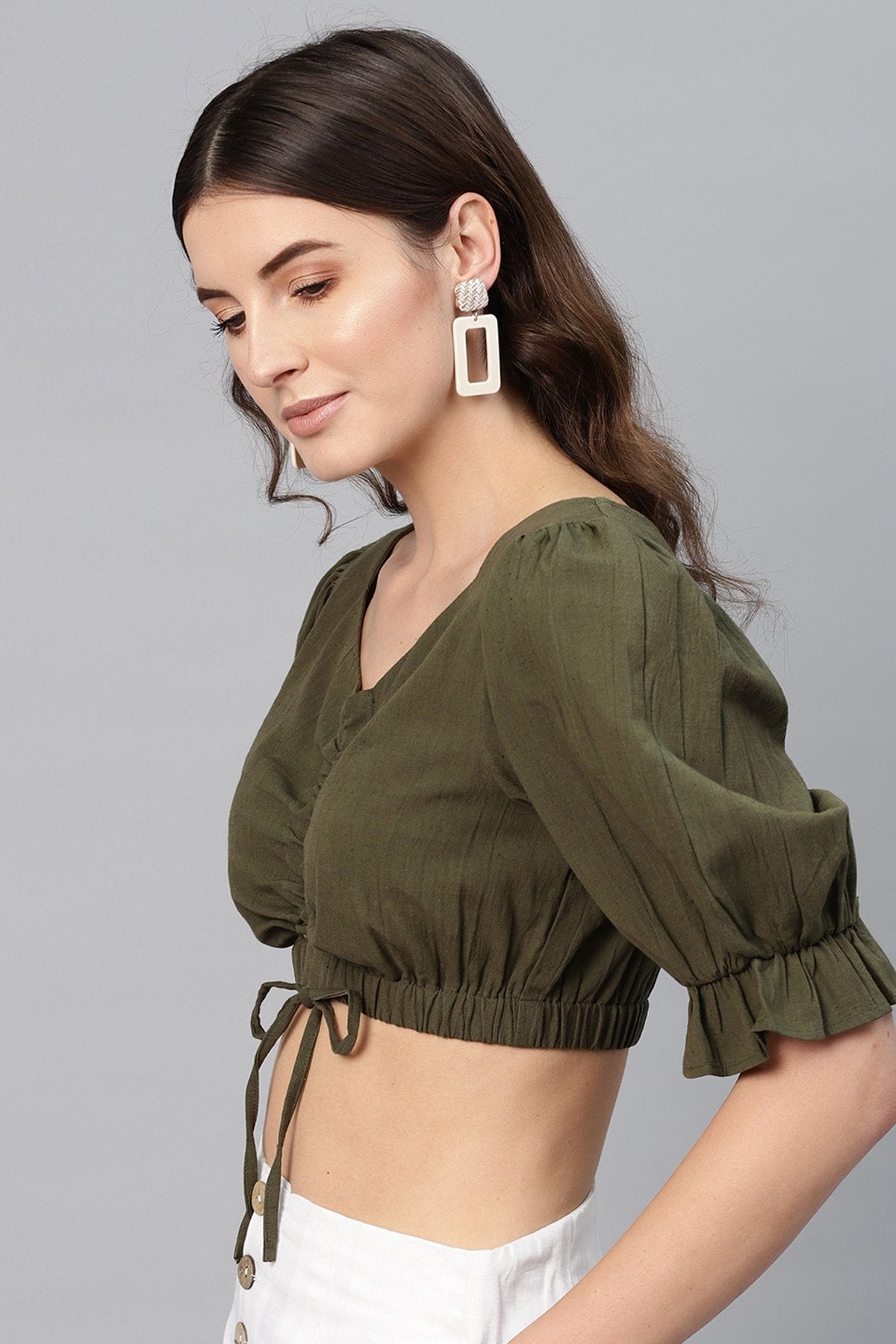 Women's Olive Rouched Crop Top - SASSAFRAS