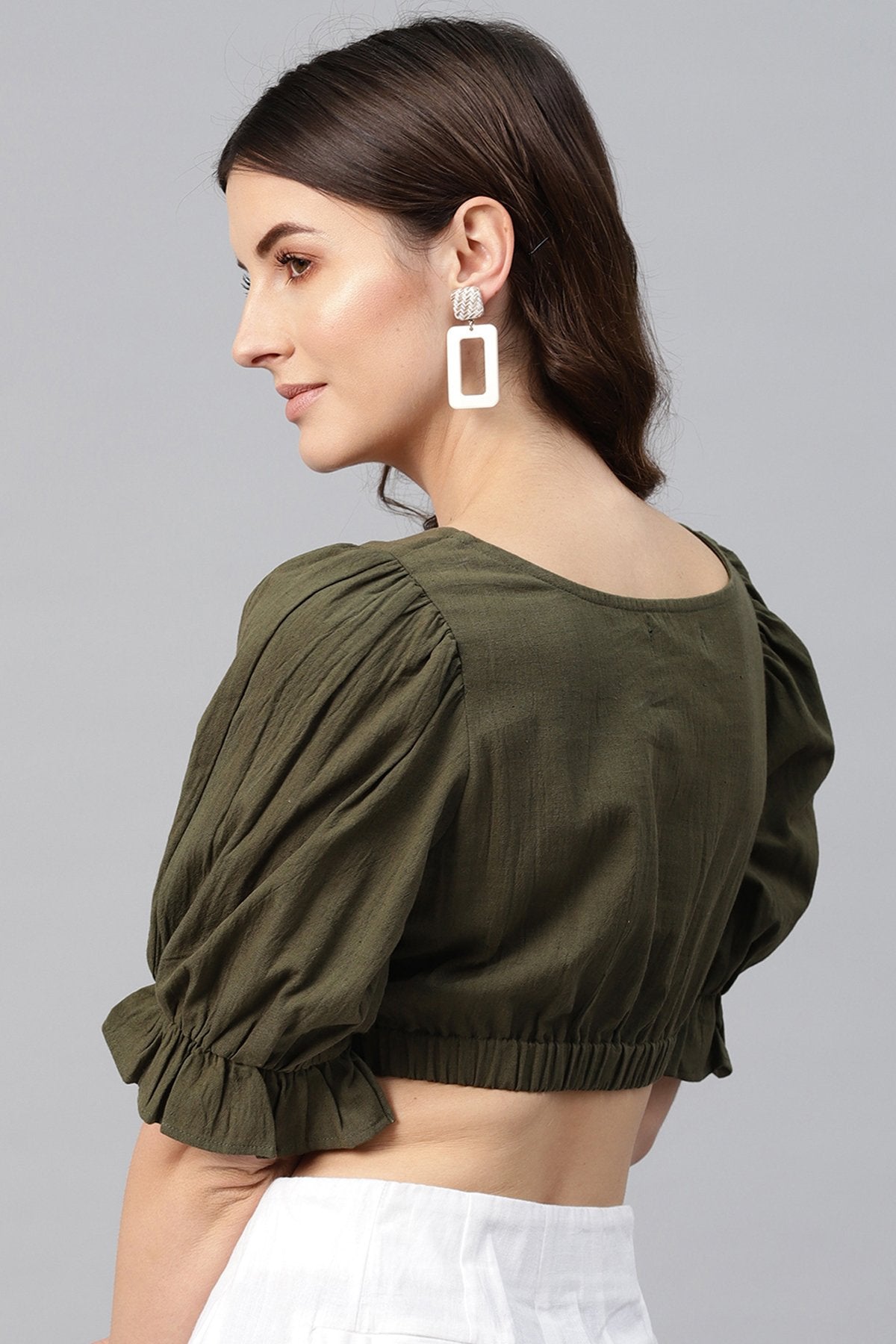 Women's Olive Rouched Crop Top - SASSAFRAS