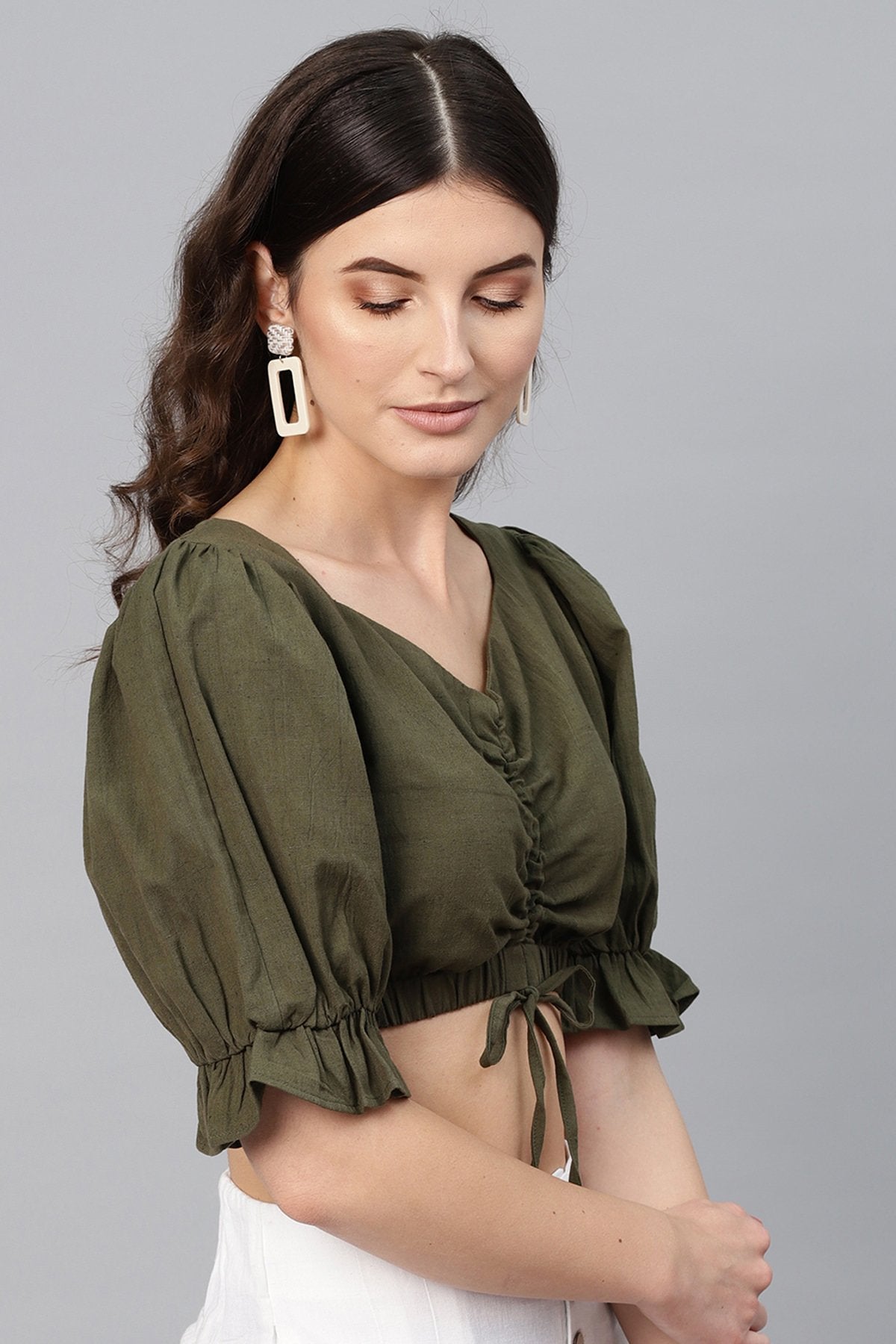 Women's Olive Rouched Crop Top - SASSAFRAS