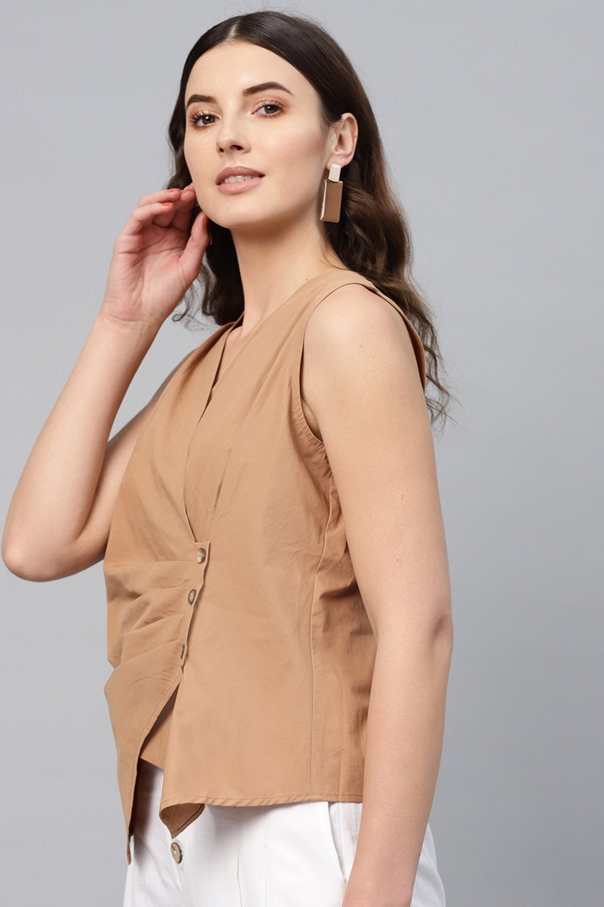 Women's Brown Sleeveless Wrap Top - SASSAFRAS