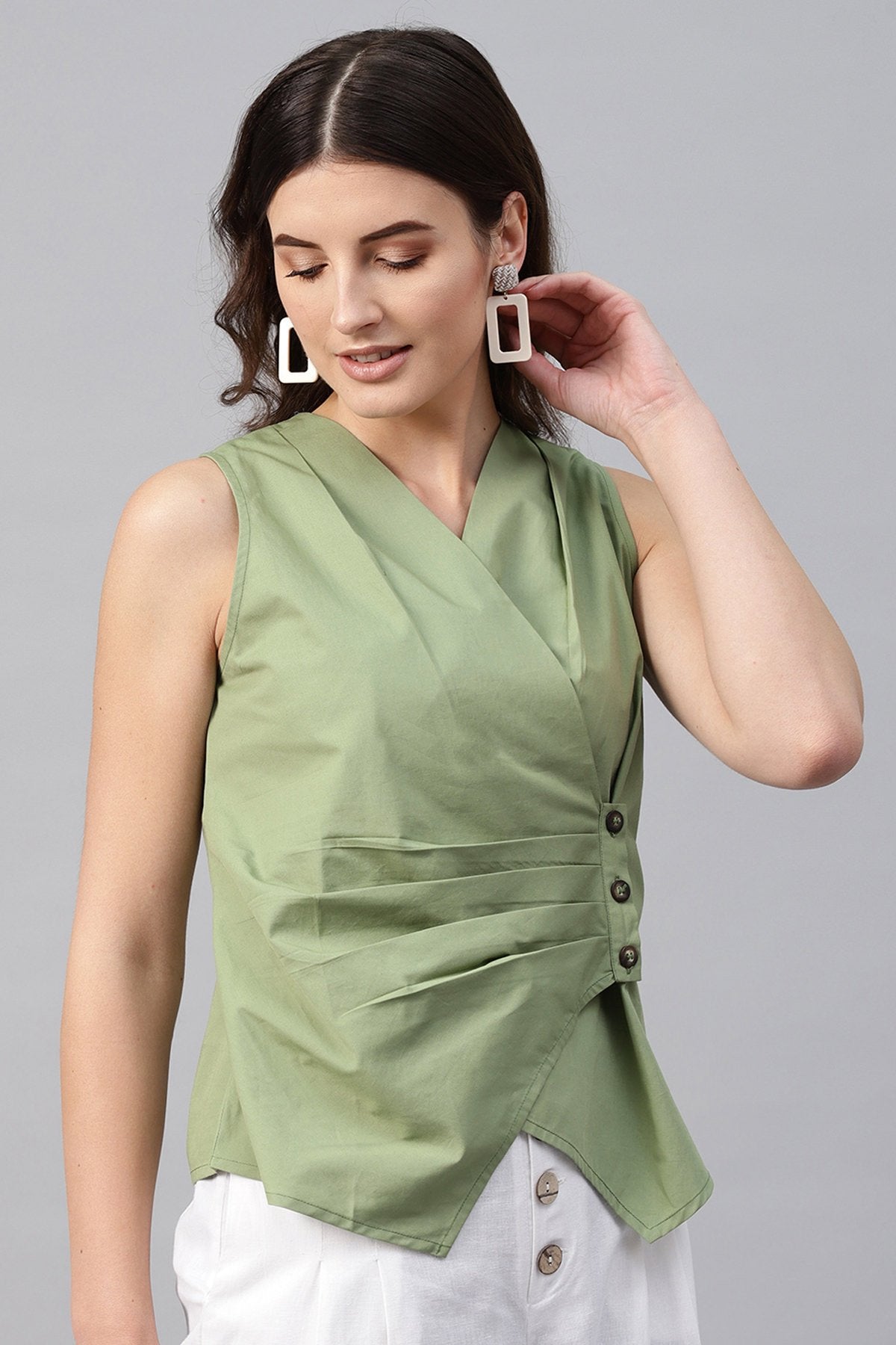 Women's Olive Sleeveless Wrap Top - SASSAFRAS