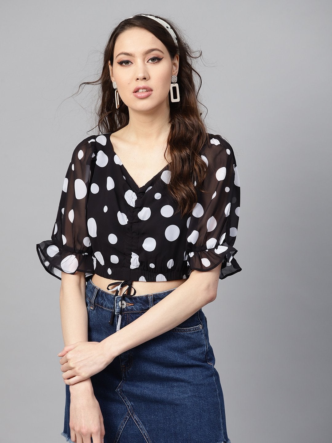 Women's Black Polka Ruched Crop Top - SASSAFRAS