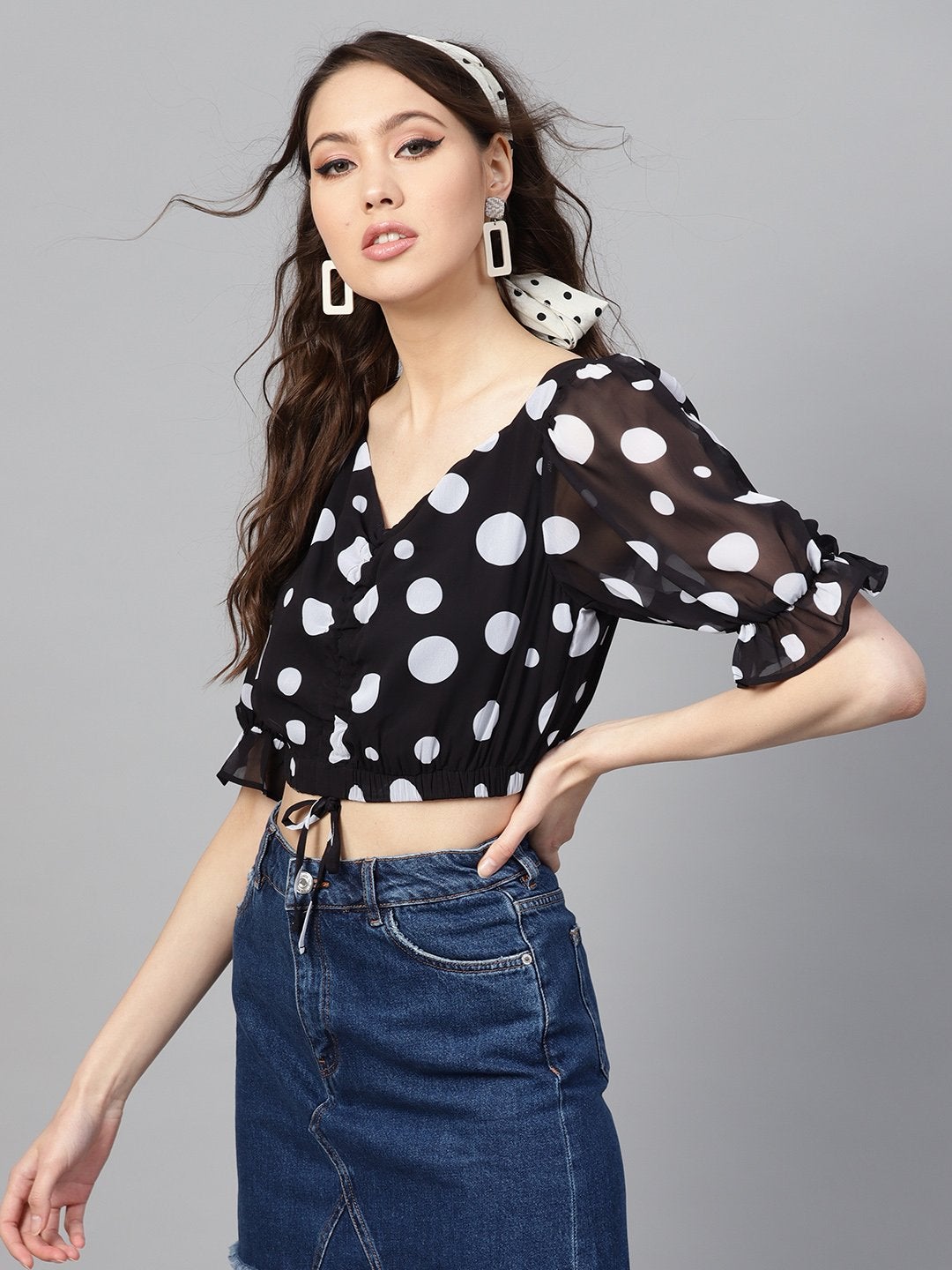 Women's Black Polka Ruched Crop Top - SASSAFRAS