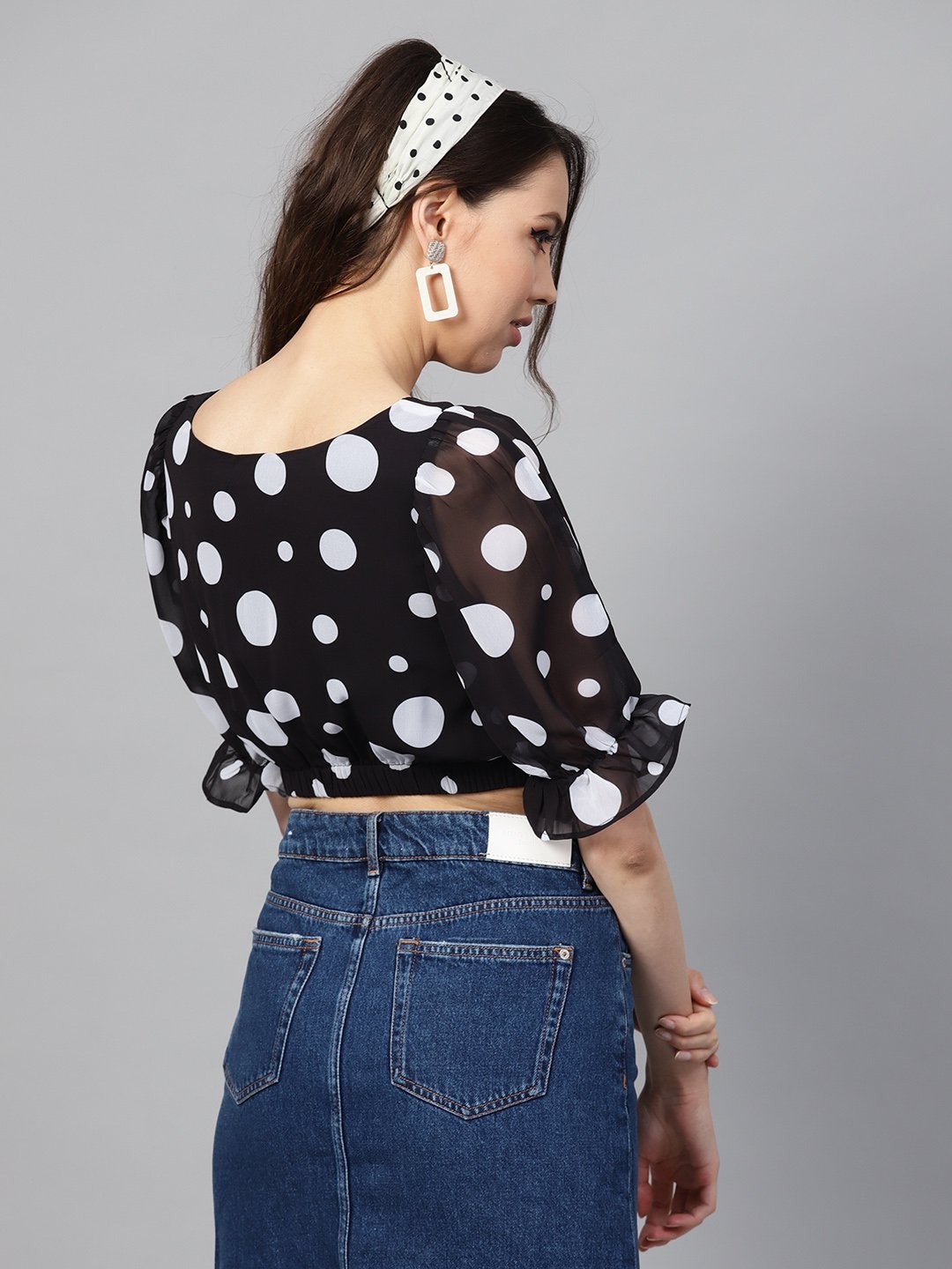 Women's Black Polka Ruched Crop Top - SASSAFRAS