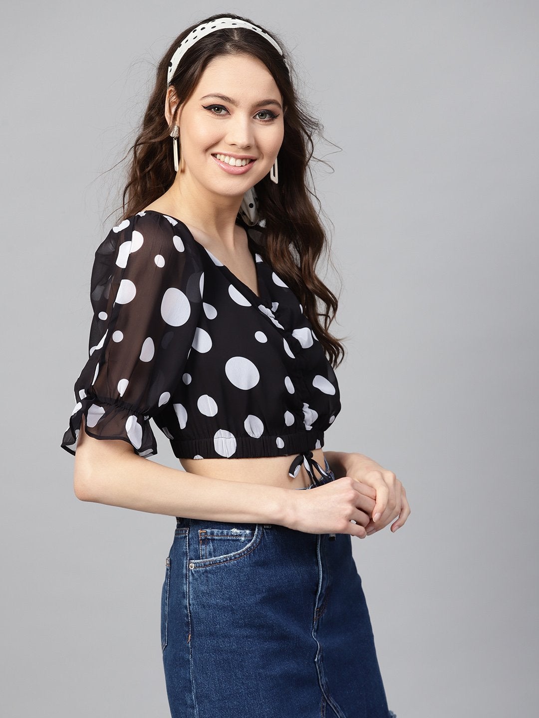 Women's Black Polka Ruched Crop Top - SASSAFRAS