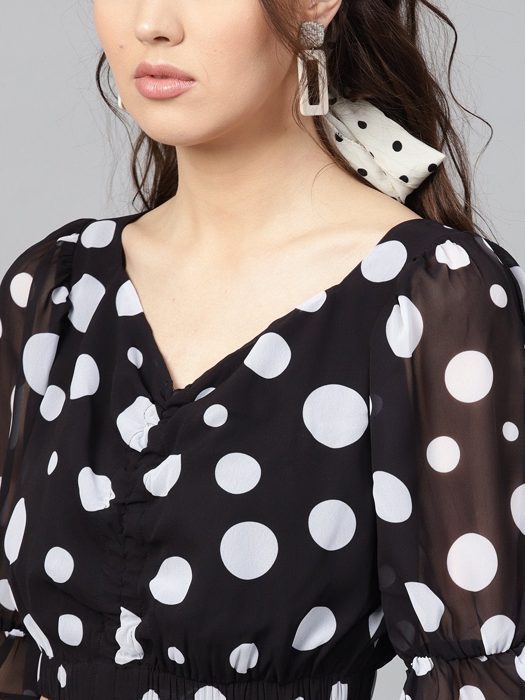 Women's Black Polka Ruched Crop Top - SASSAFRAS