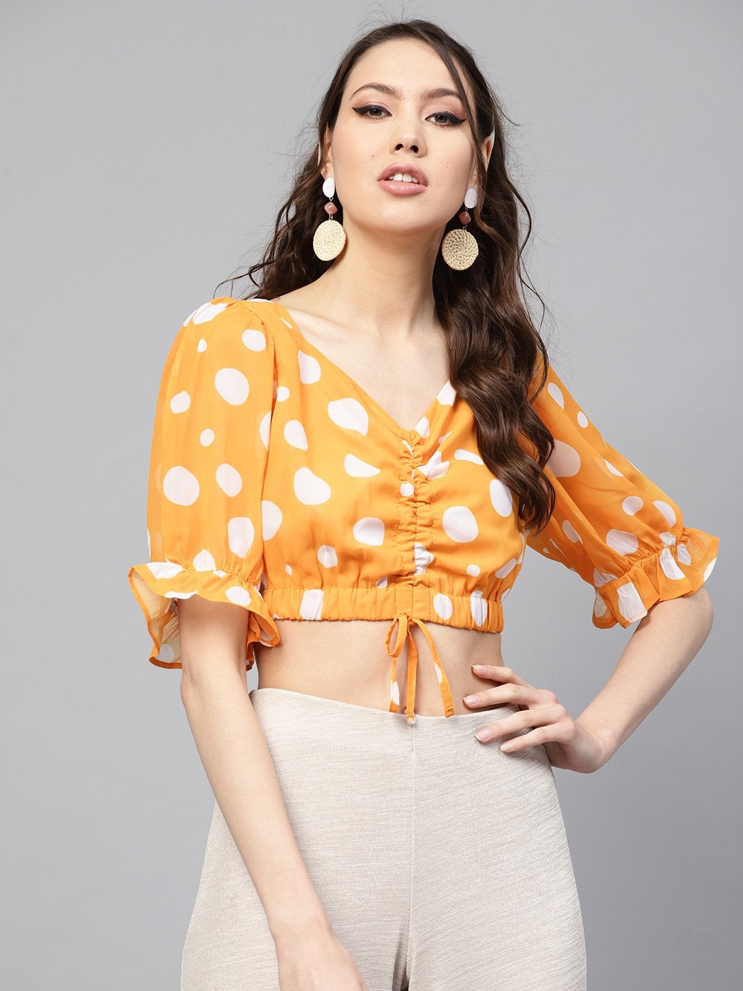 Women's Yellow Polka Ruched Crop Top - SASSAFRAS