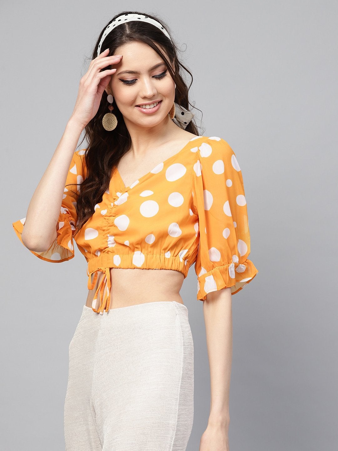 Women's Yellow Polka Ruched Crop Top - SASSAFRAS