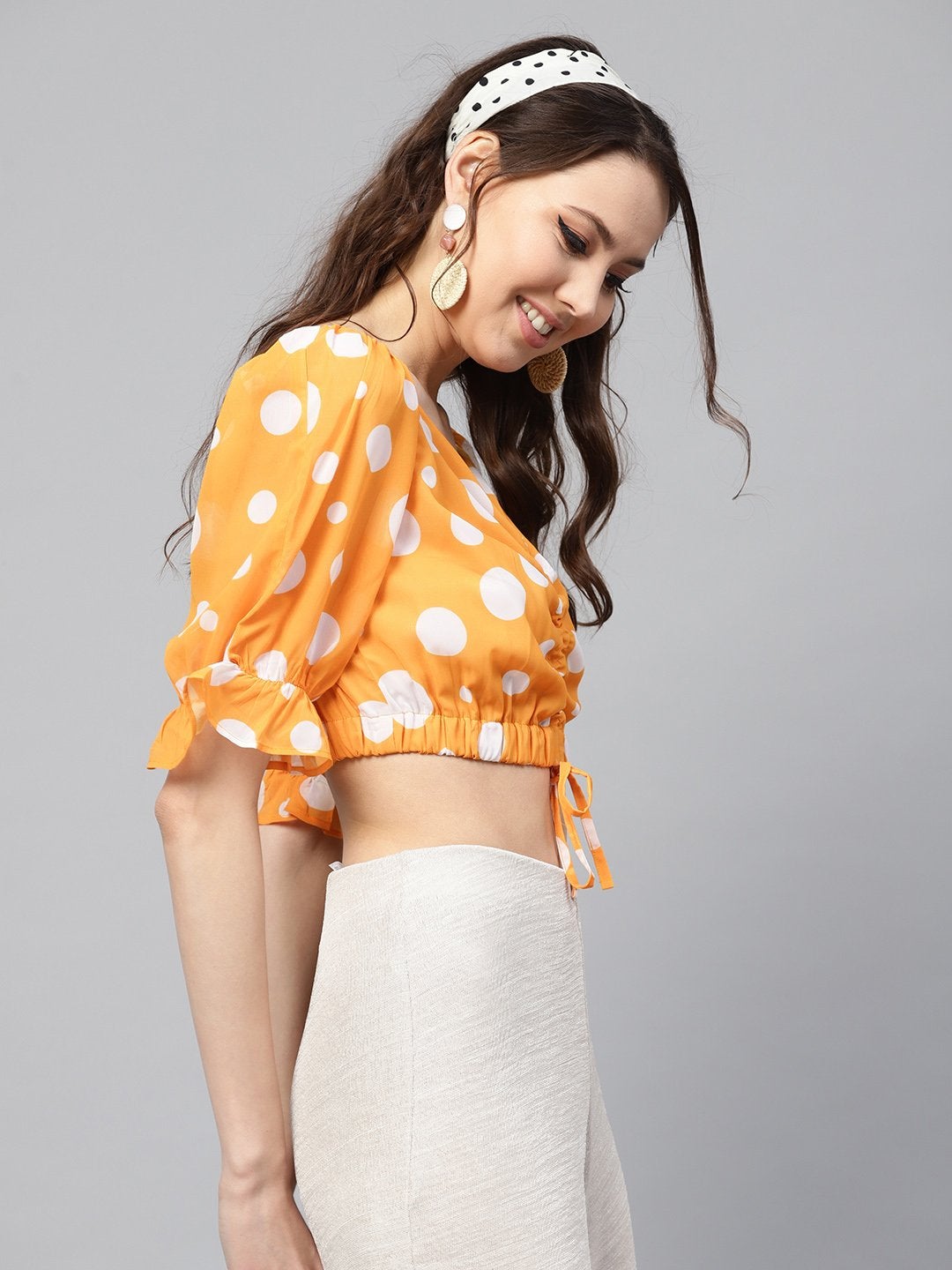 Women's Yellow Polka Ruched Crop Top - SASSAFRAS