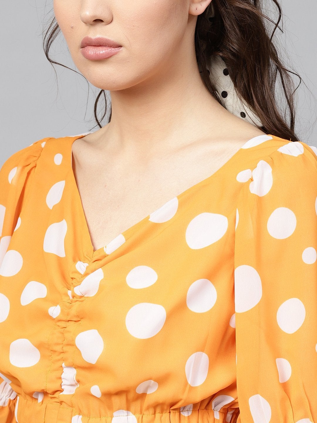 Women's Yellow Polka Ruched Crop Top - SASSAFRAS