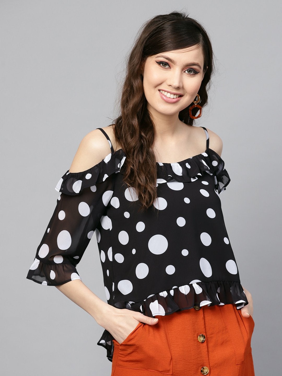 Women's Black Polka Cold Shoulder Top - SASSAFRAS