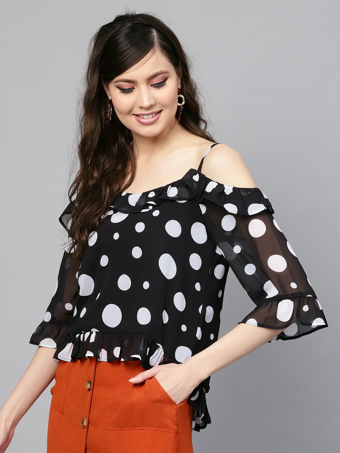 Women's Black Polka Cold Shoulder Top - SASSAFRAS