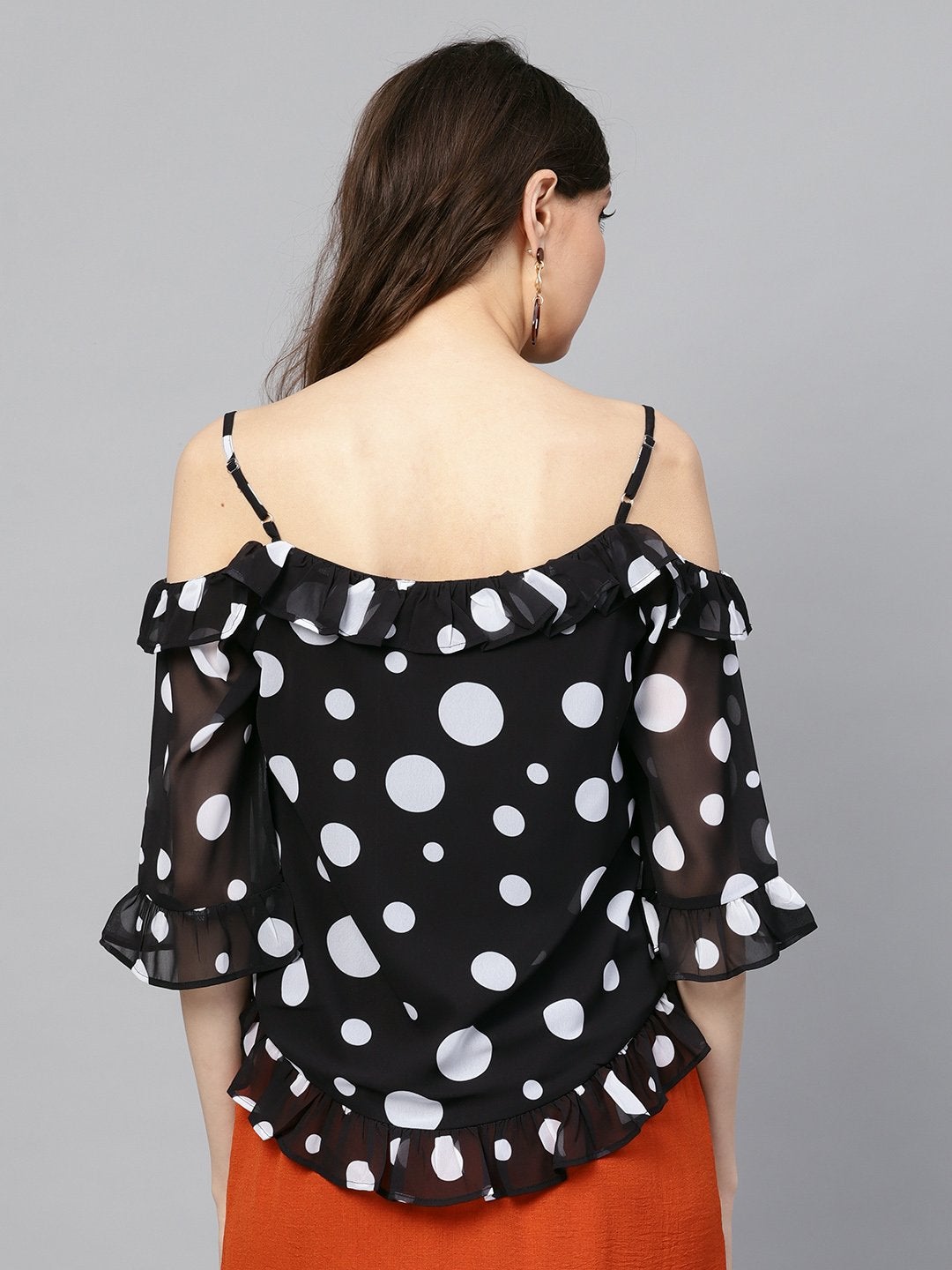 Women's Black Polka Cold Shoulder Top - SASSAFRAS