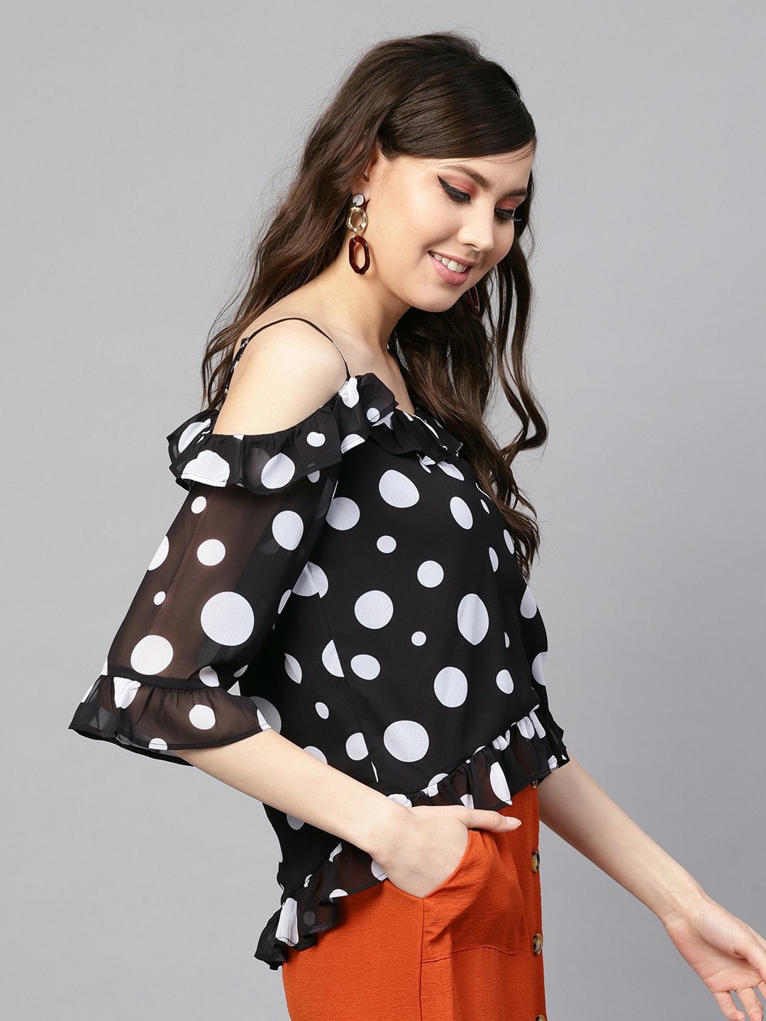 Women's Black Polka Cold Shoulder Top - SASSAFRAS