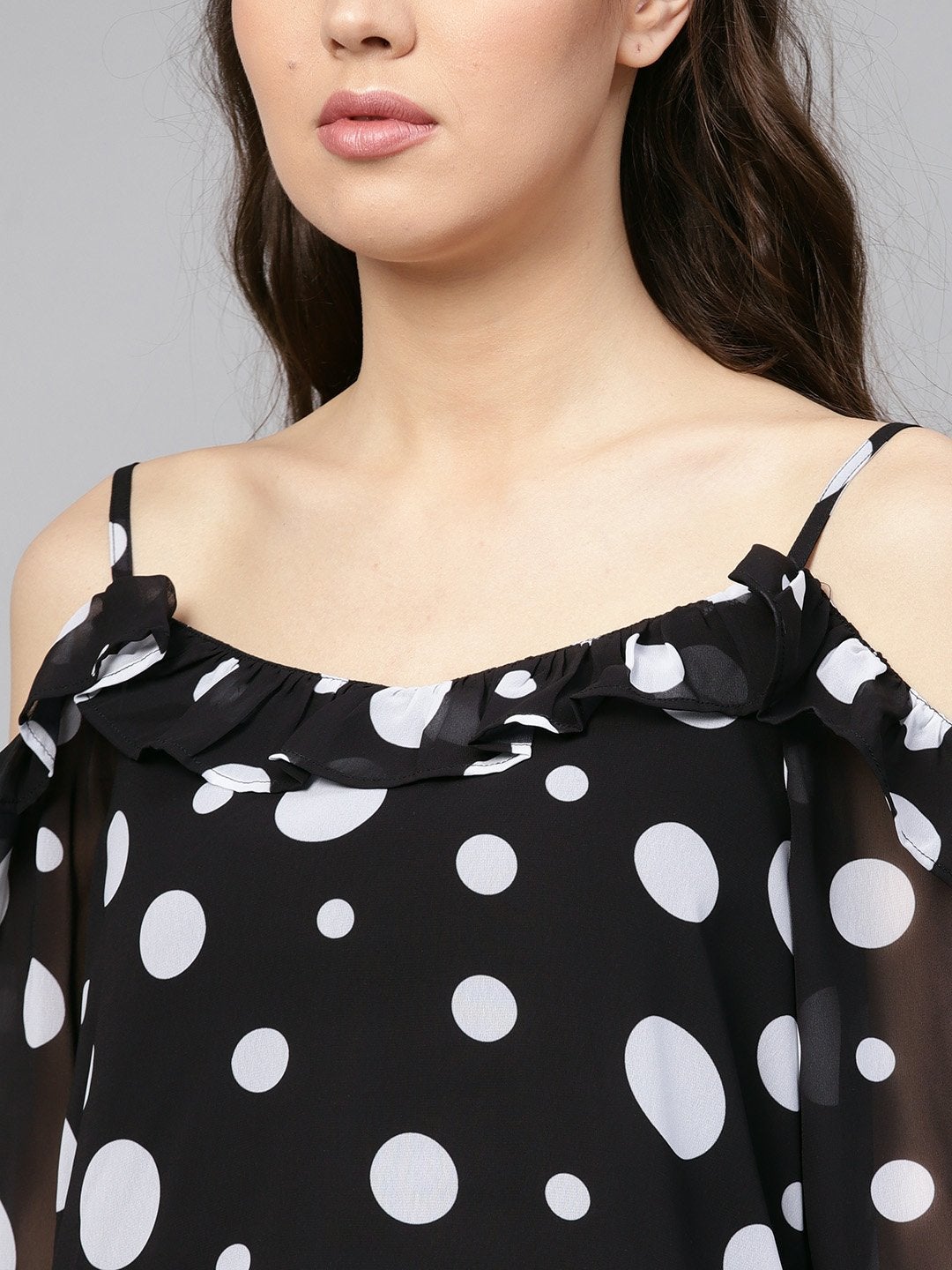 Women's Black Polka Cold Shoulder Top - SASSAFRAS