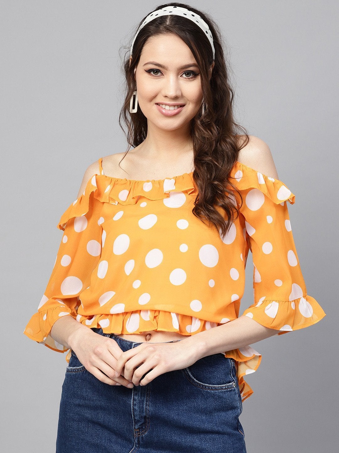 Women's Yellow Polka Cold Shoulder Top - SASSAFRAS