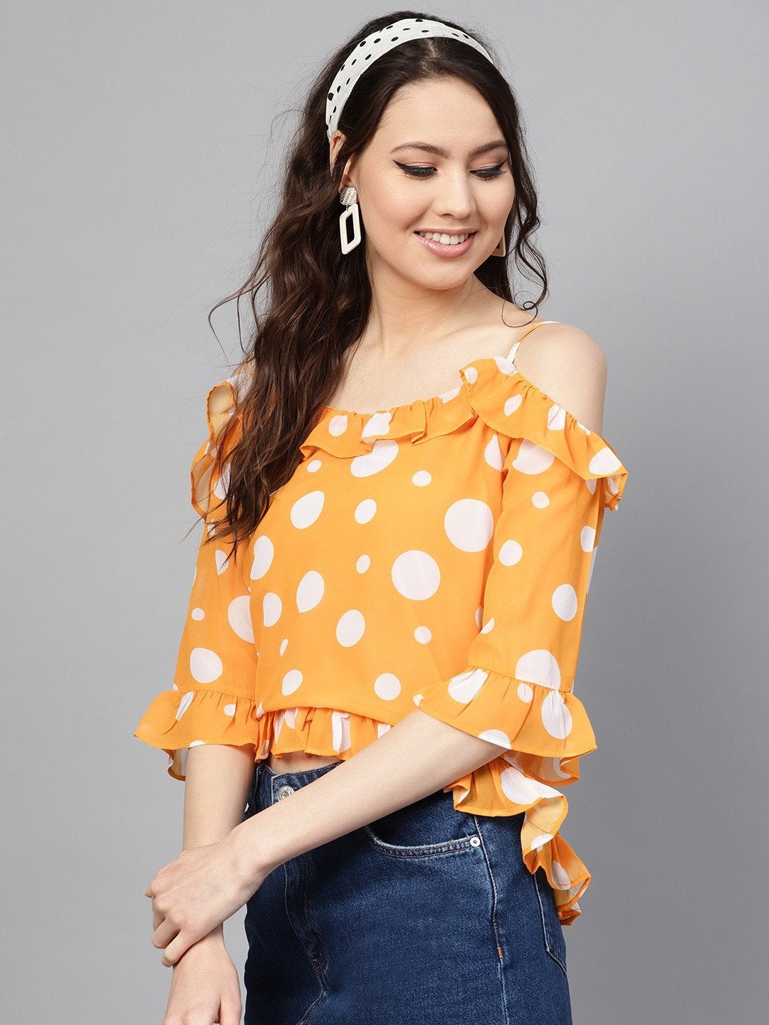 Women's Yellow Polka Cold Shoulder Top - SASSAFRAS