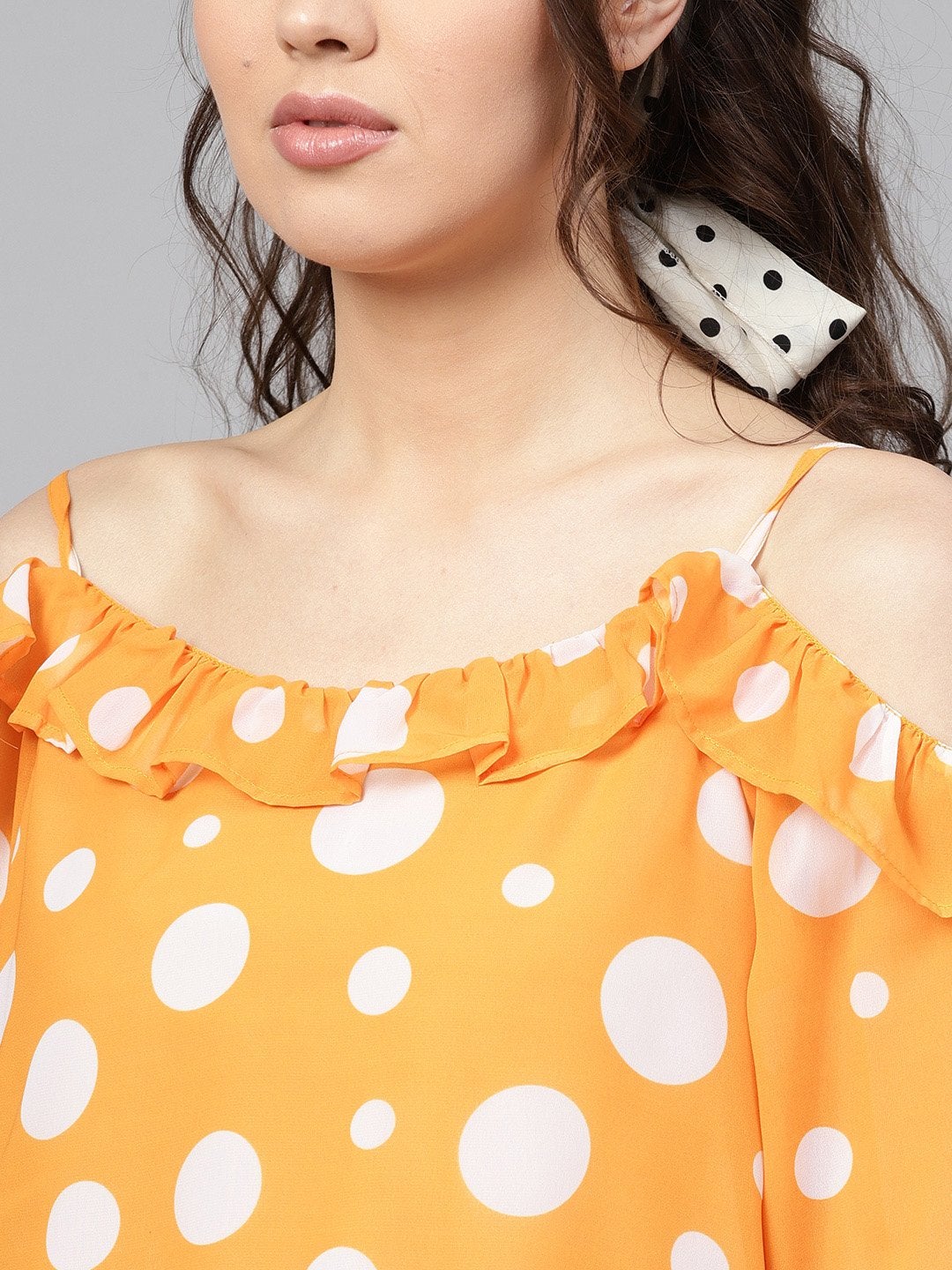 Women's Yellow Polka Cold Shoulder Top - SASSAFRAS